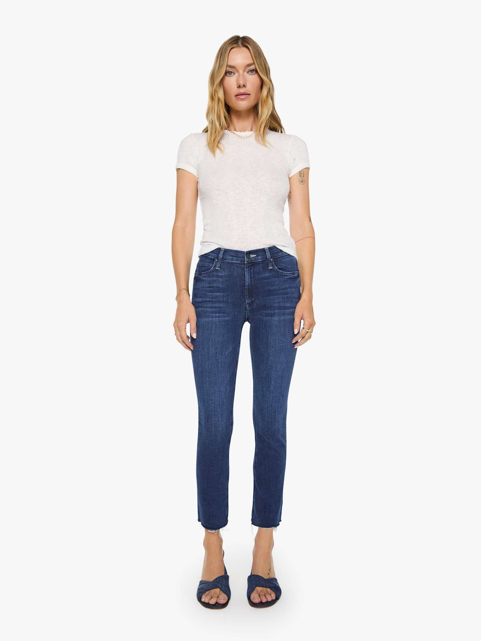 Mother Mid Rise Dazzler Ankle Fray in Fancy Meeting You Here - front view