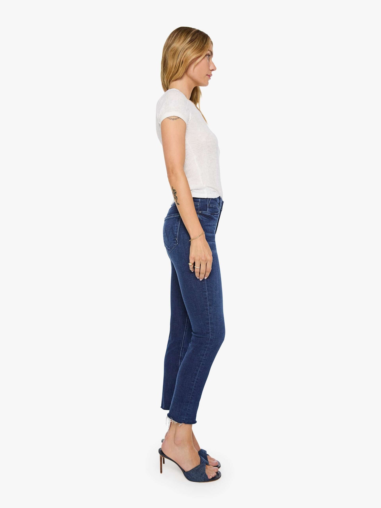 Mother Mid Rise Dazzler Ankle Fray in Fancy Meeting You Here - side view