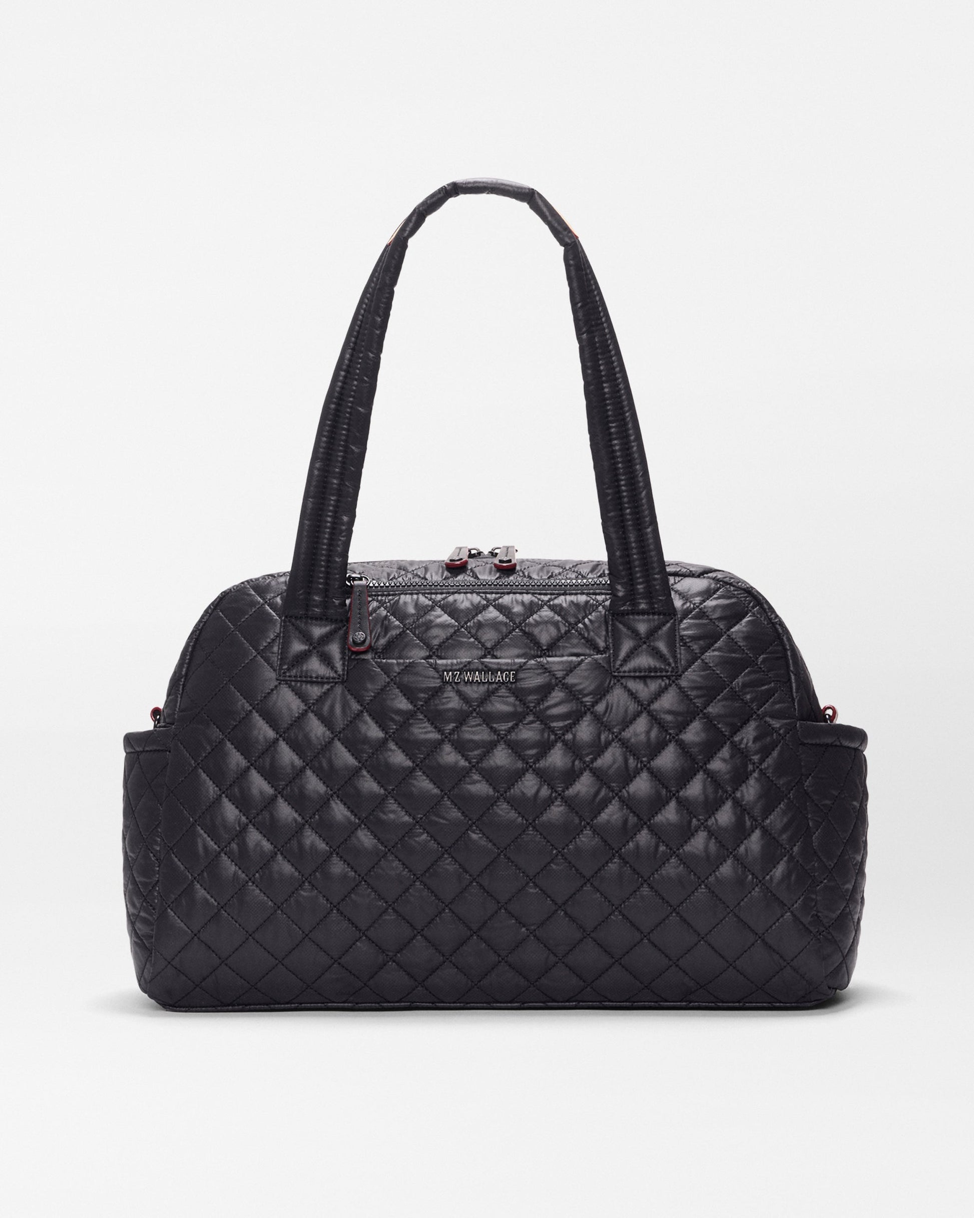 MZ Wallace Jimmy Deluxe duffel in black quilted nylon, front view