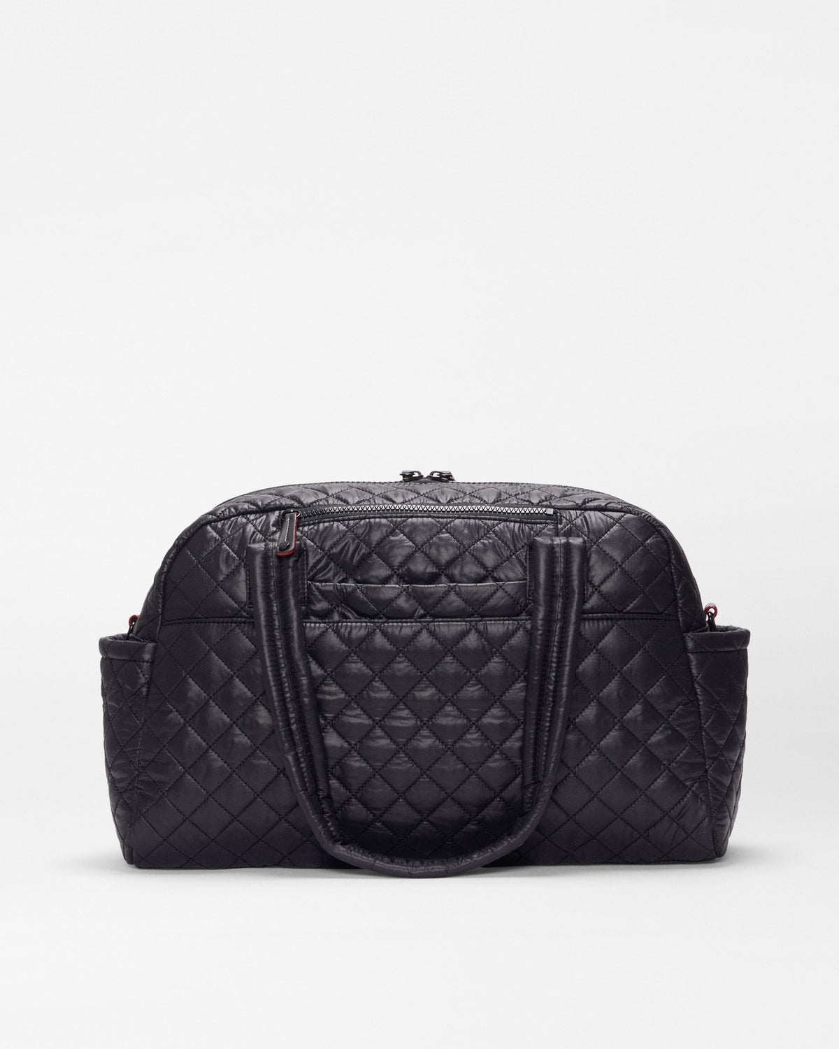 MZ Wallace Jimmy Deluxe duffel in black, alternate view showing the exterior pockets and luggage sleeve