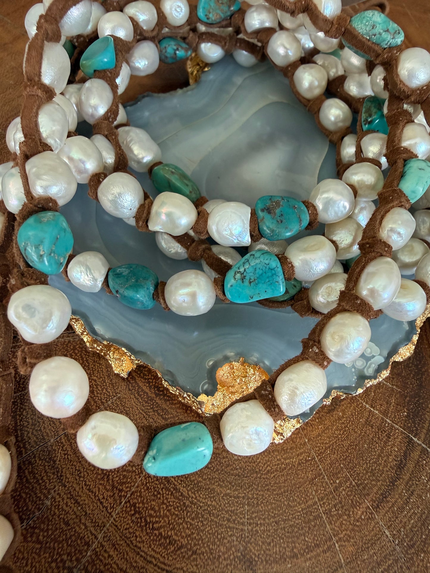 Tess Sm White Pearl and Turq XLong Necklace