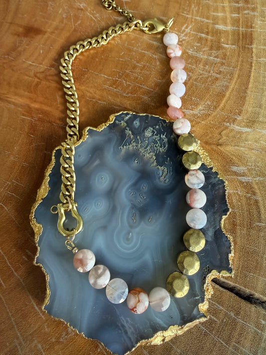 Rachel Nathan Beaded Shackle Single Cherry Blossom Agate Coin Necklace
