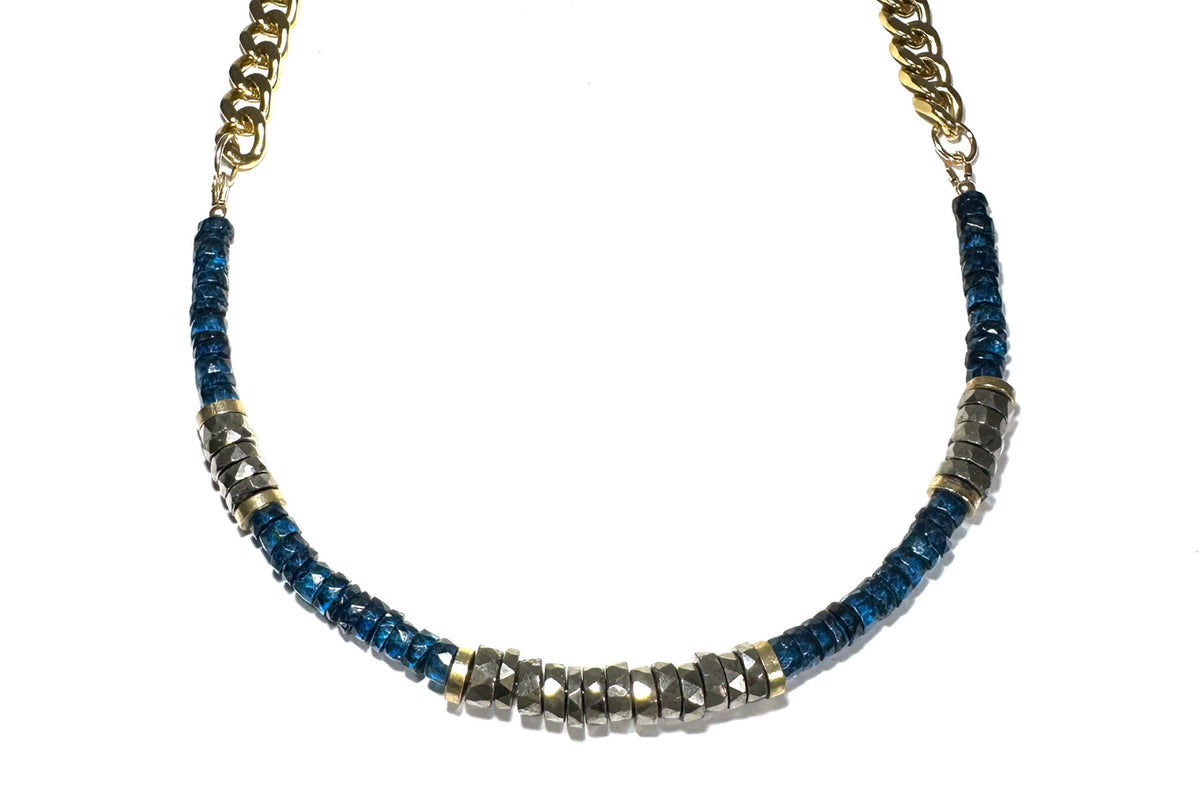 Rachel Nathan Blue Topaz & Pyrite Heishi necklace, full front view of faceted blue topaz with pyrite heishi on brass curb chain
