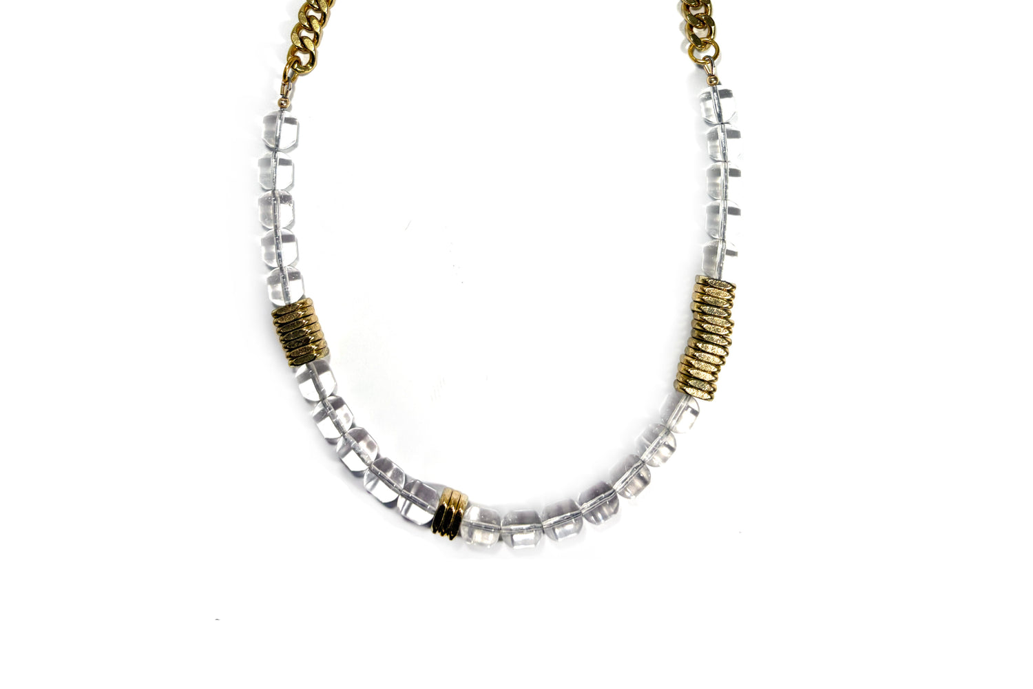 Rachel Nathan Rock Crystal Quartz & Brass Heishi necklace, full front view of clear quartz barrels with Indian brass heishi on brass curb chain