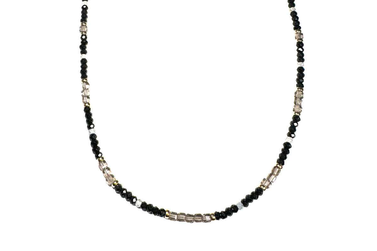 Rachel Nathan Mini Beaded Spinel & Iced Obsidian necklace, full front view of fine dark spinel and obsidian cubes with gold-filled rondelles