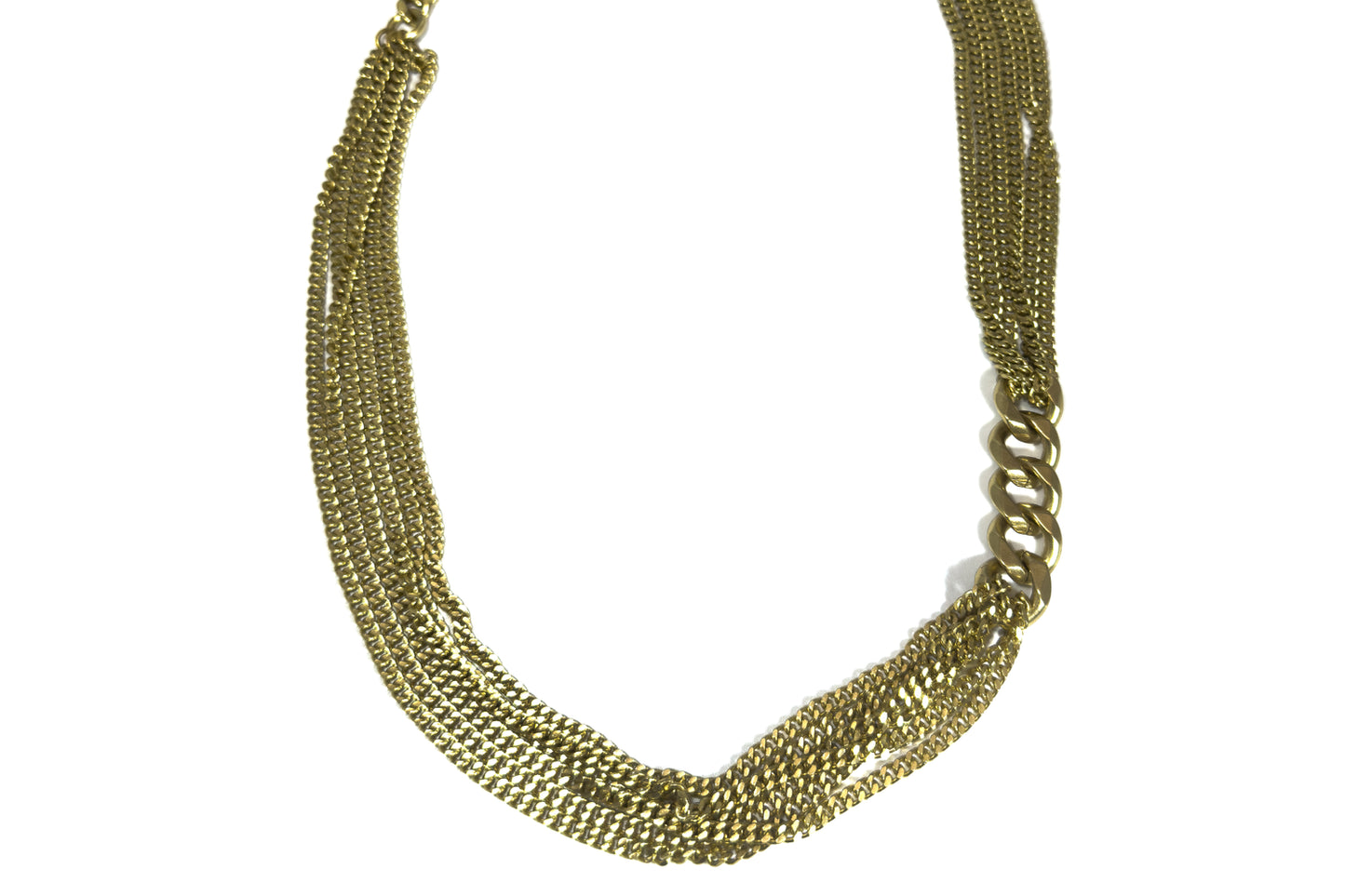 Rachel Nathan The Link: Drape necklace, full front view of the draped brass Perfect Curb chain