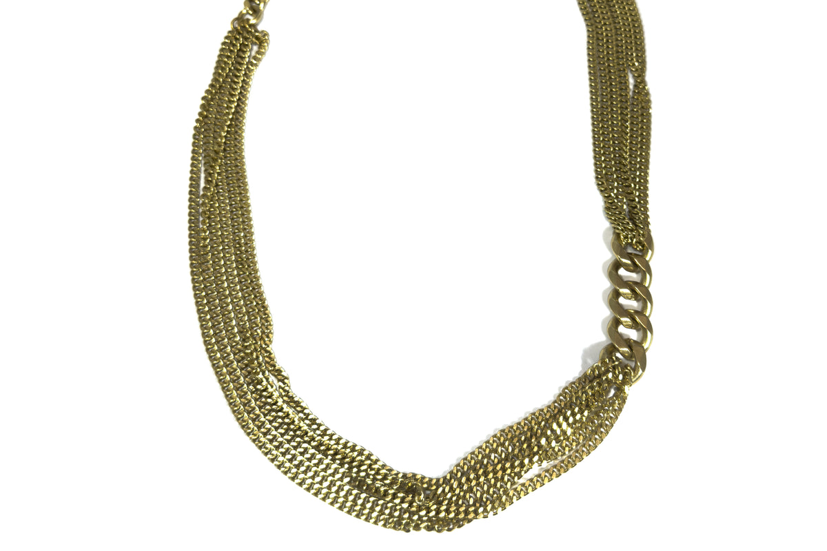 Rachel Nathan The Link: Drape necklace, full front view of the draped brass Perfect Curb chain