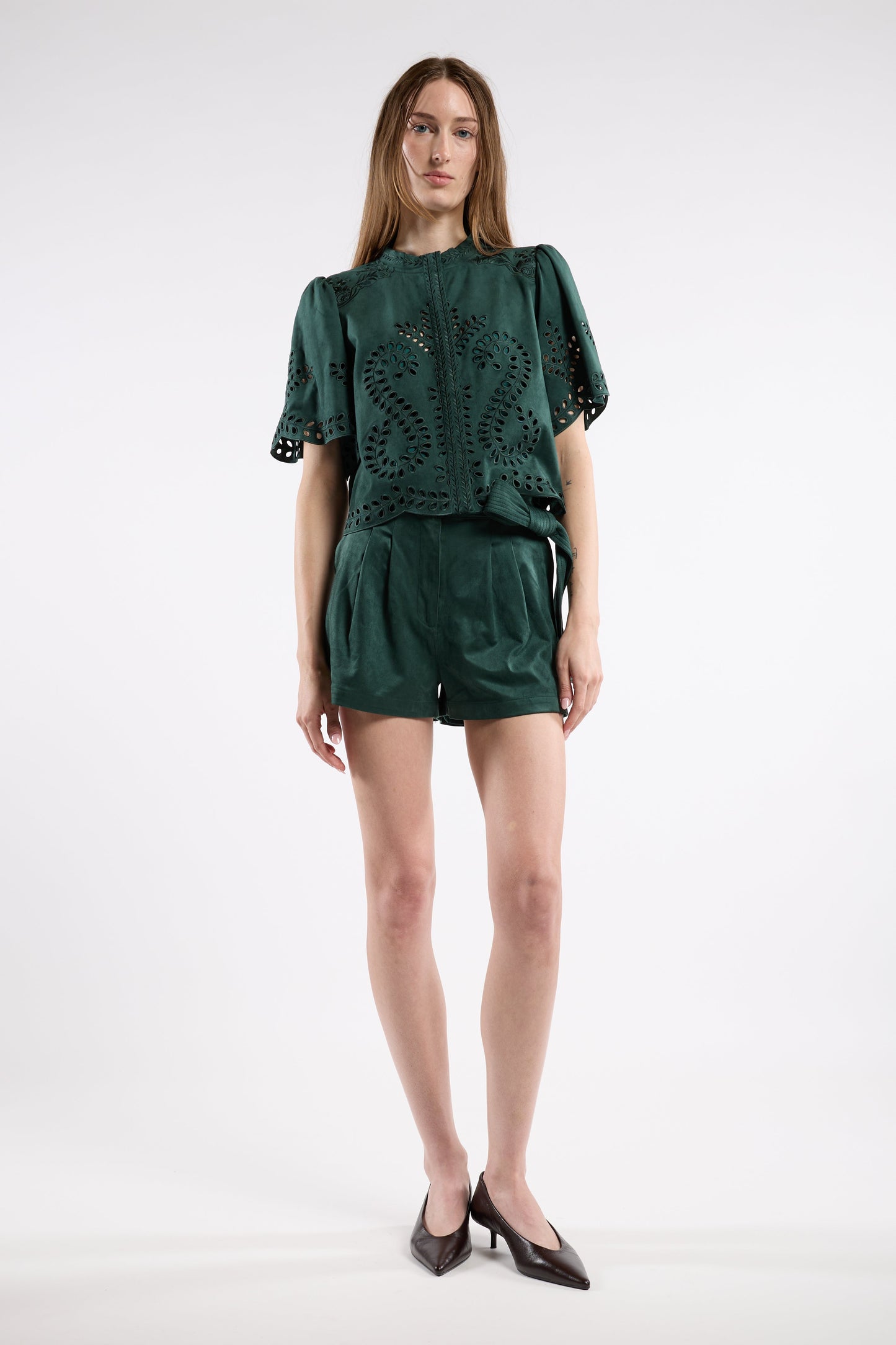 Christy Lynn Indigo Short in Cedar, front view on model