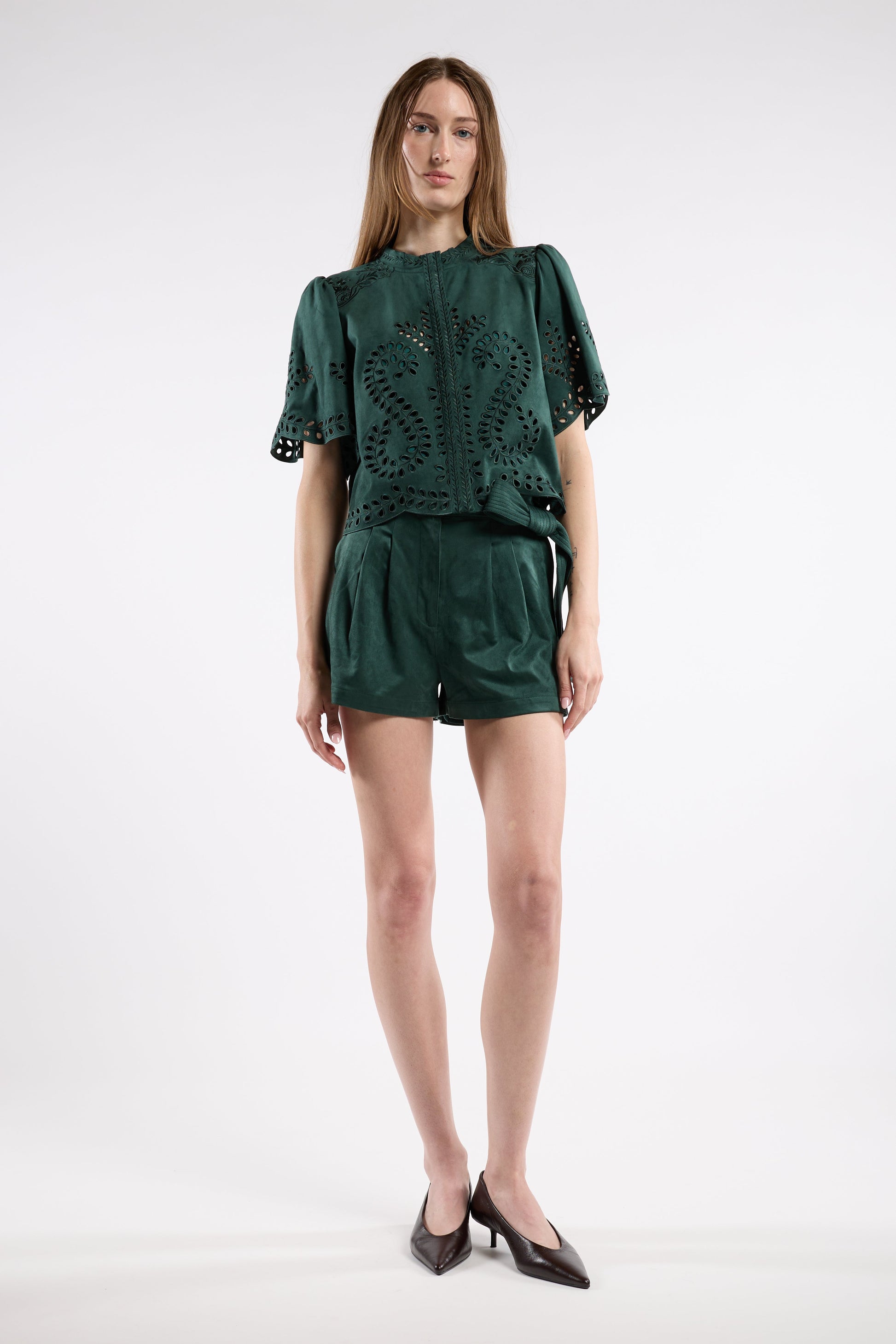 Christy Lynn Indigo Short in Cedar, front view on model