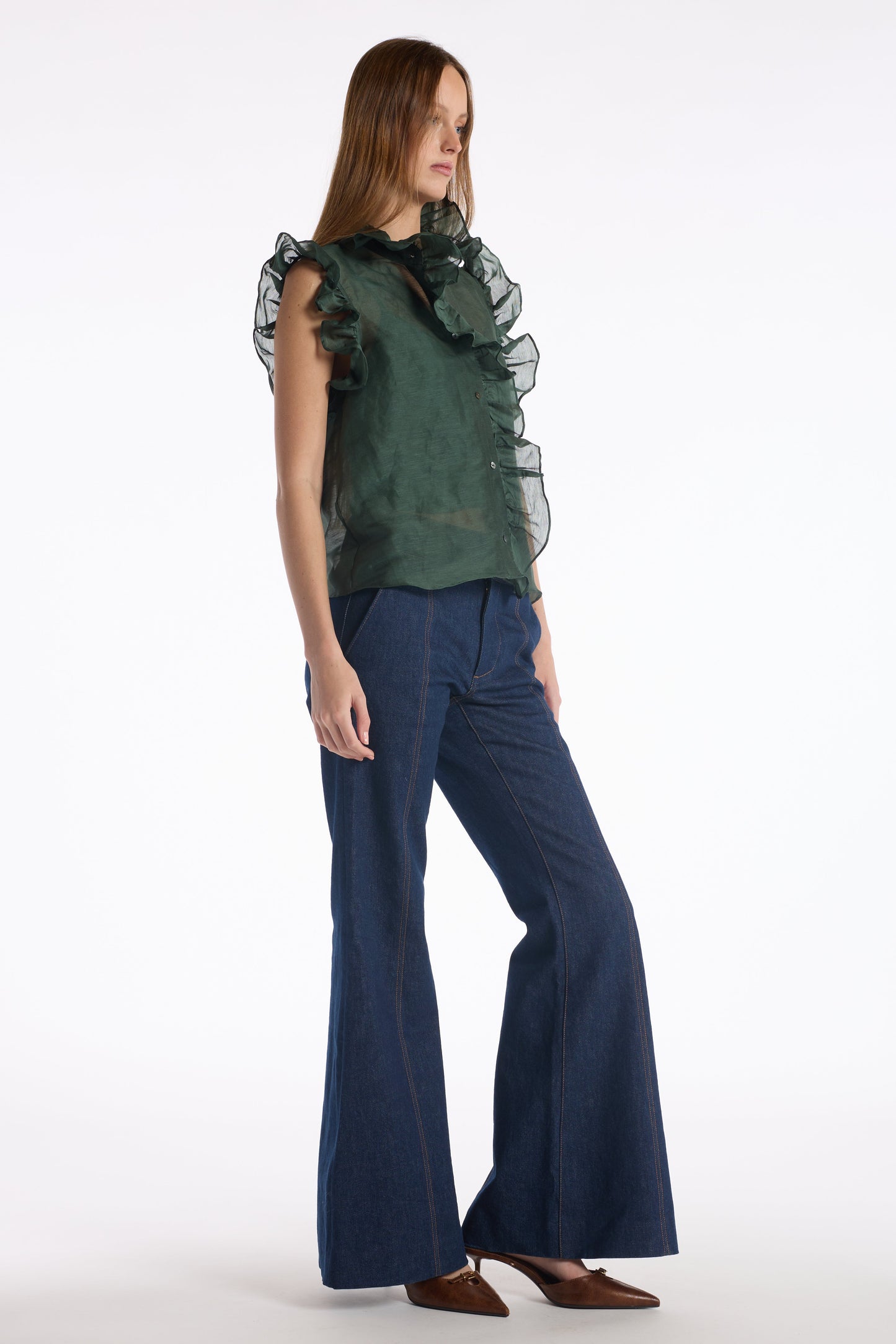 Christy Lynn Marfa Top in Olive, alternate view showing ruffle placket