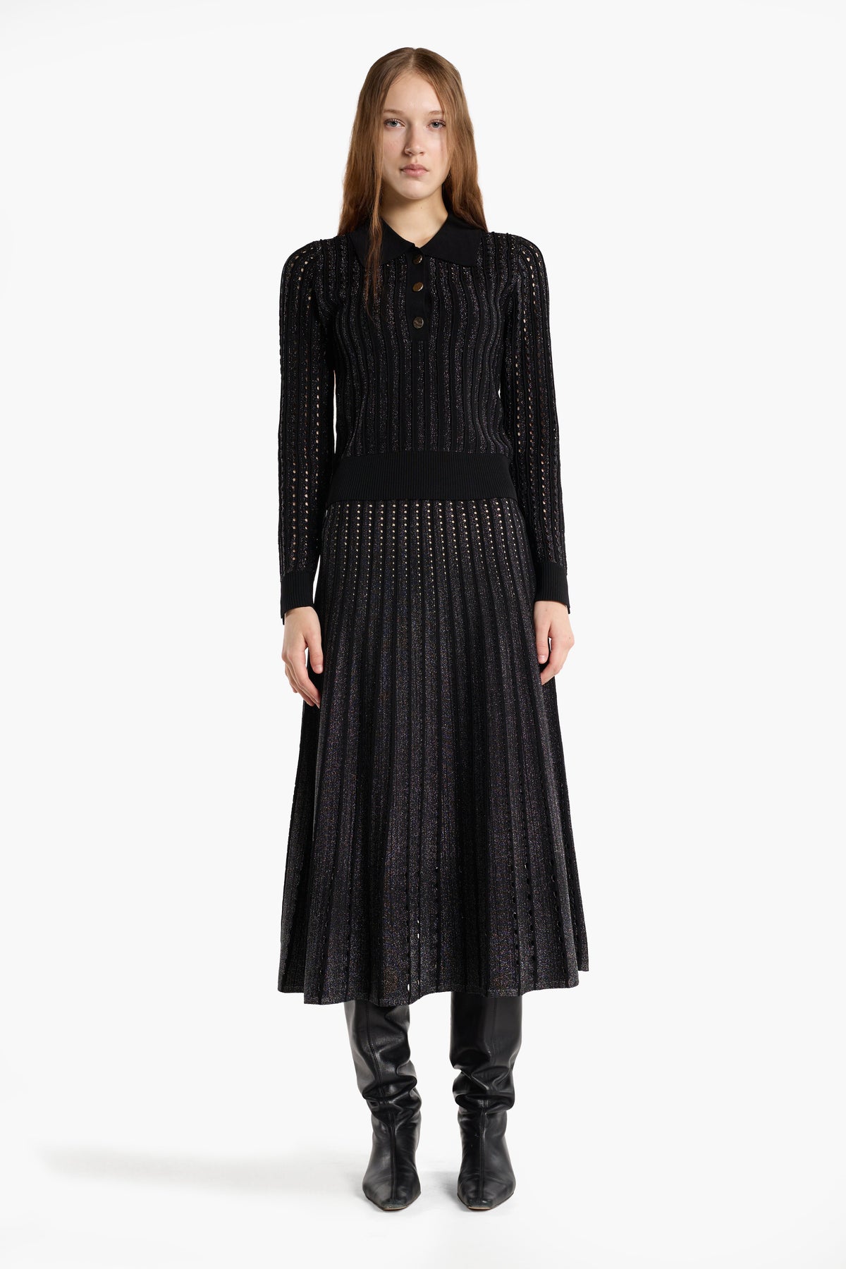Christy Lynn Roselyn Sweater in Pinstripe Lurex, shown on model