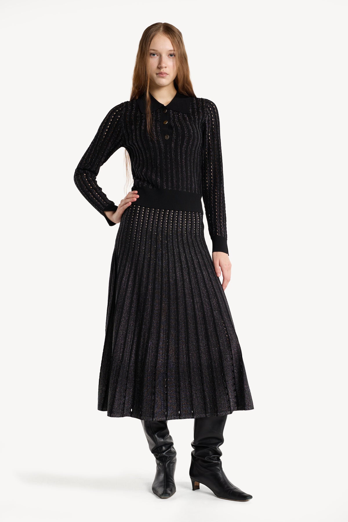 Christy Lynn Roselyn Sweater in Pinstripe Lurex, alternate view on model
