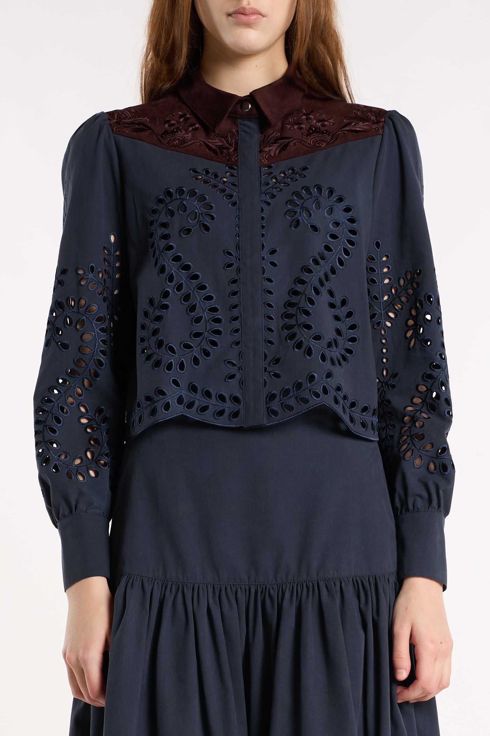 Christy Lynn Carmel Top in Indigo Embroidery, alternate view showing embroidered suede collar