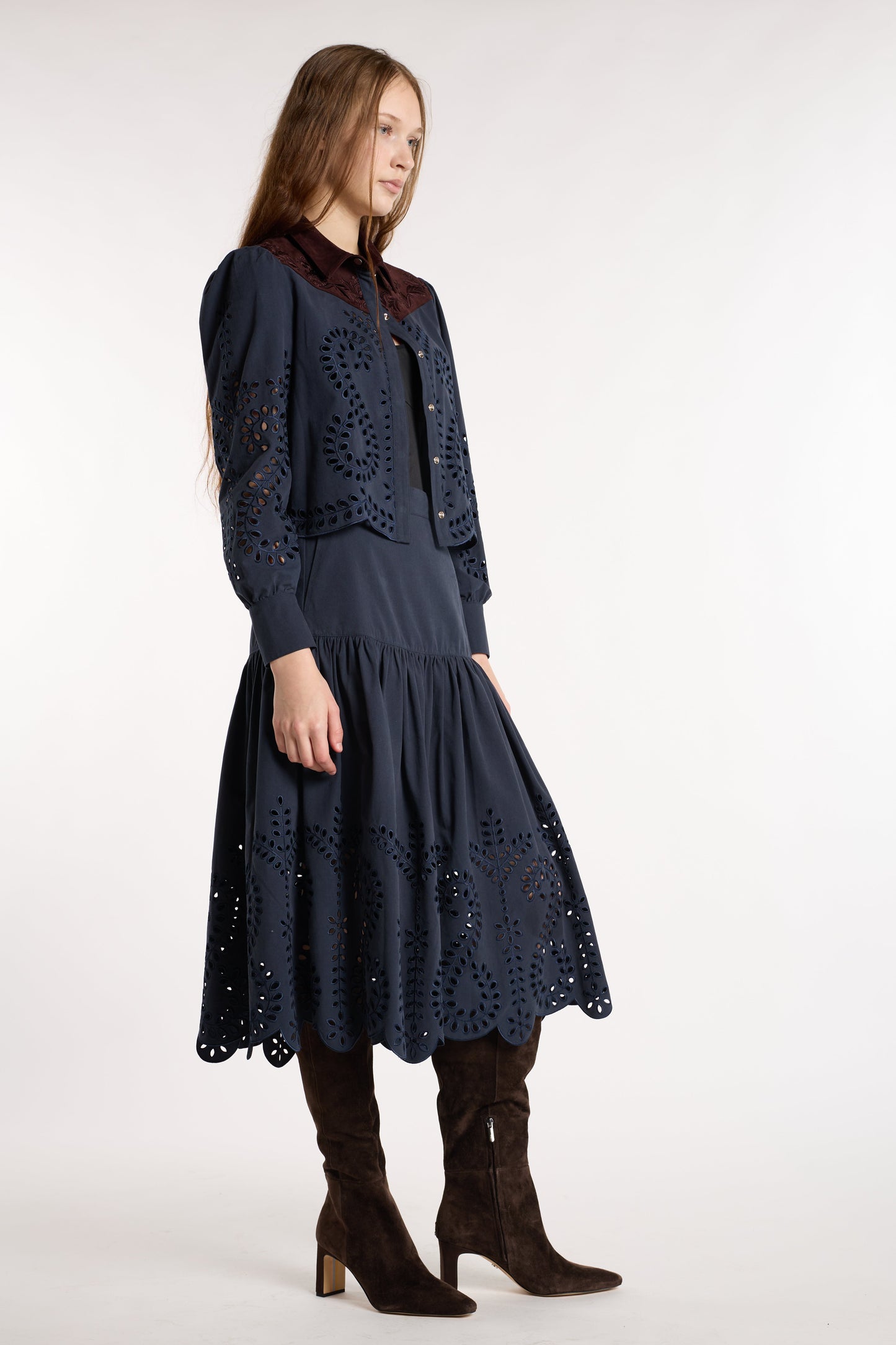 Christy Lynn Carmel Top in Indigo Embroidery, front view on model