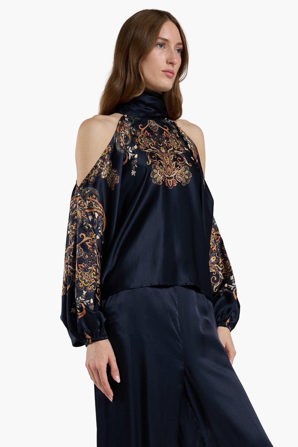 Christy Lynn Nicolette Top in Montara Navy, shown on model