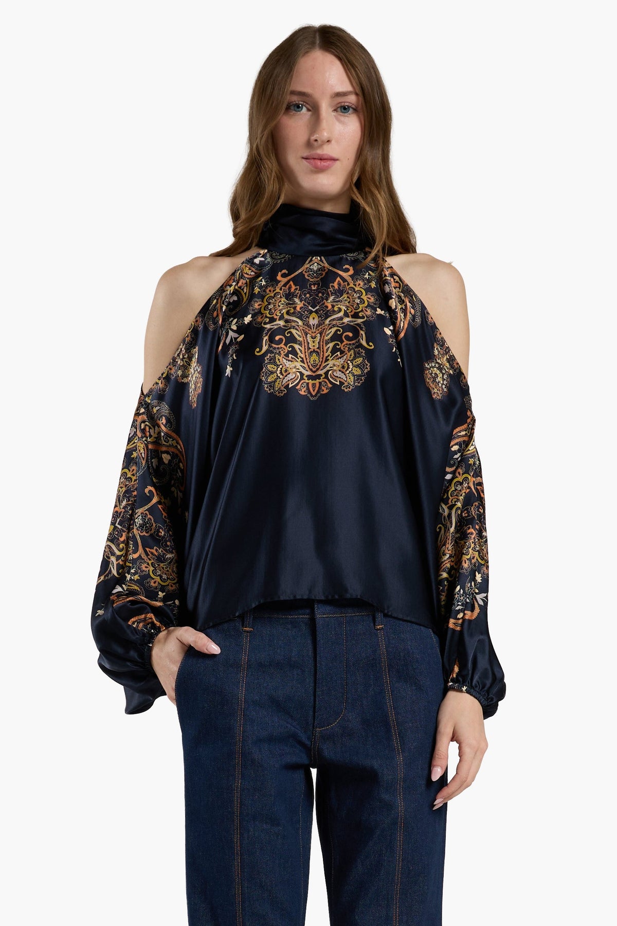 Christy Lynn Nicolette Top in Montara Navy, alternate view on model