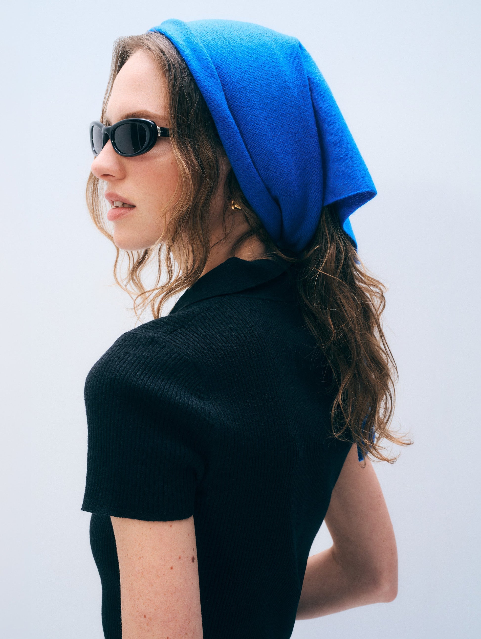 White + Warren Cashmere Neckerchief in Bright Azure, shown on model