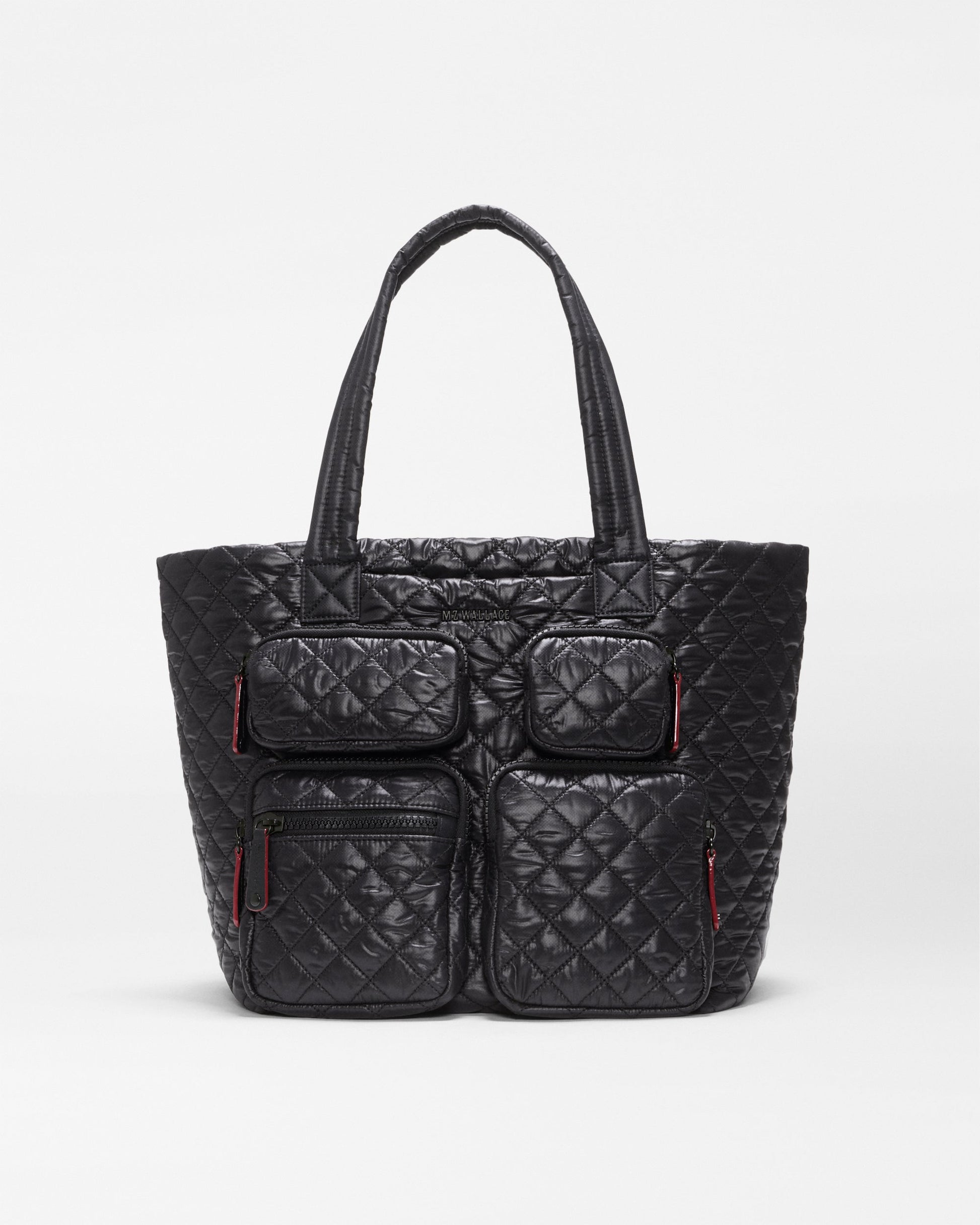MZ Wallace Medium Metro Travel Tote in black quilted nylon, front view