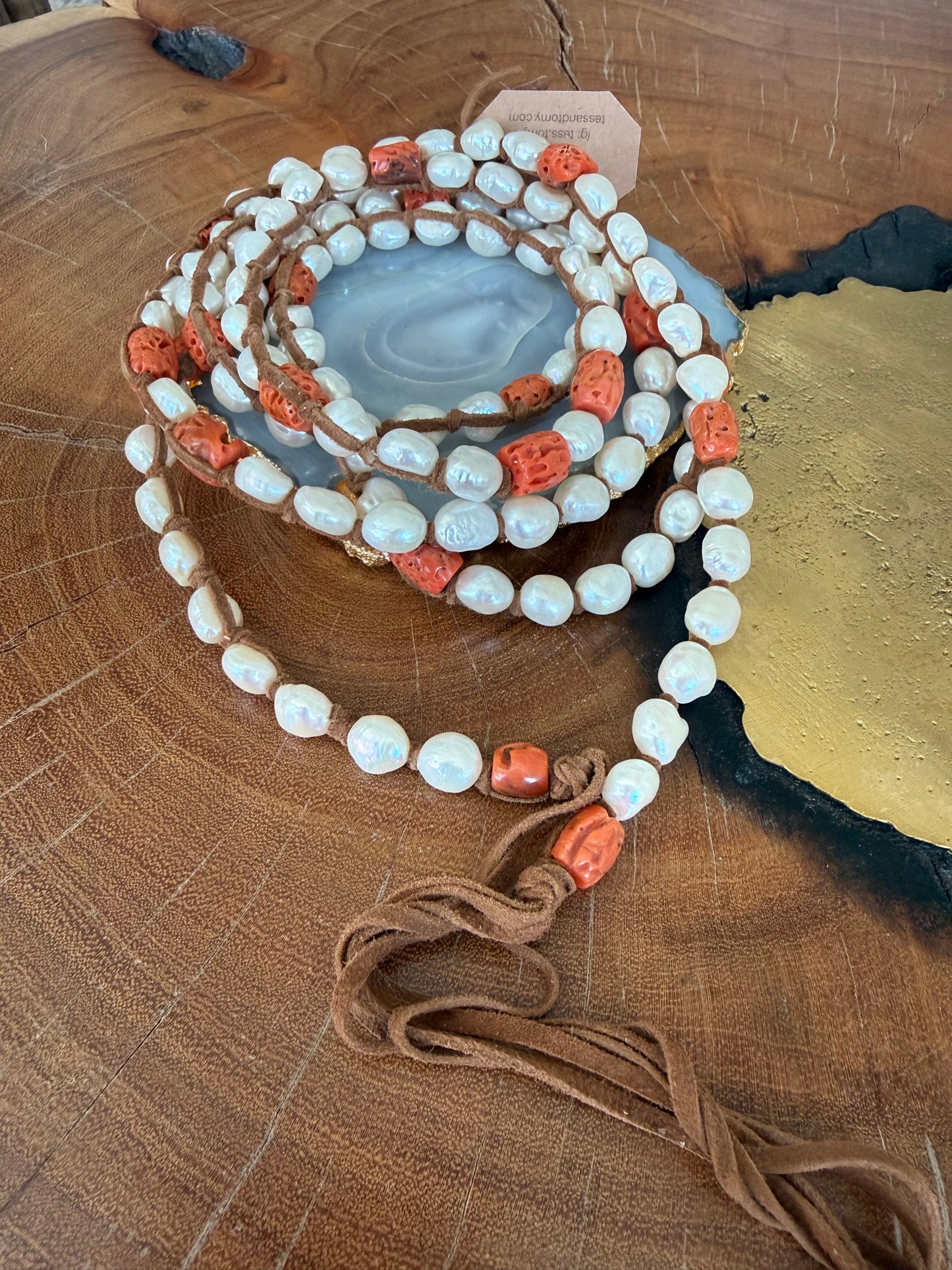Tess Med White Pearl and Coral Necklace XLong