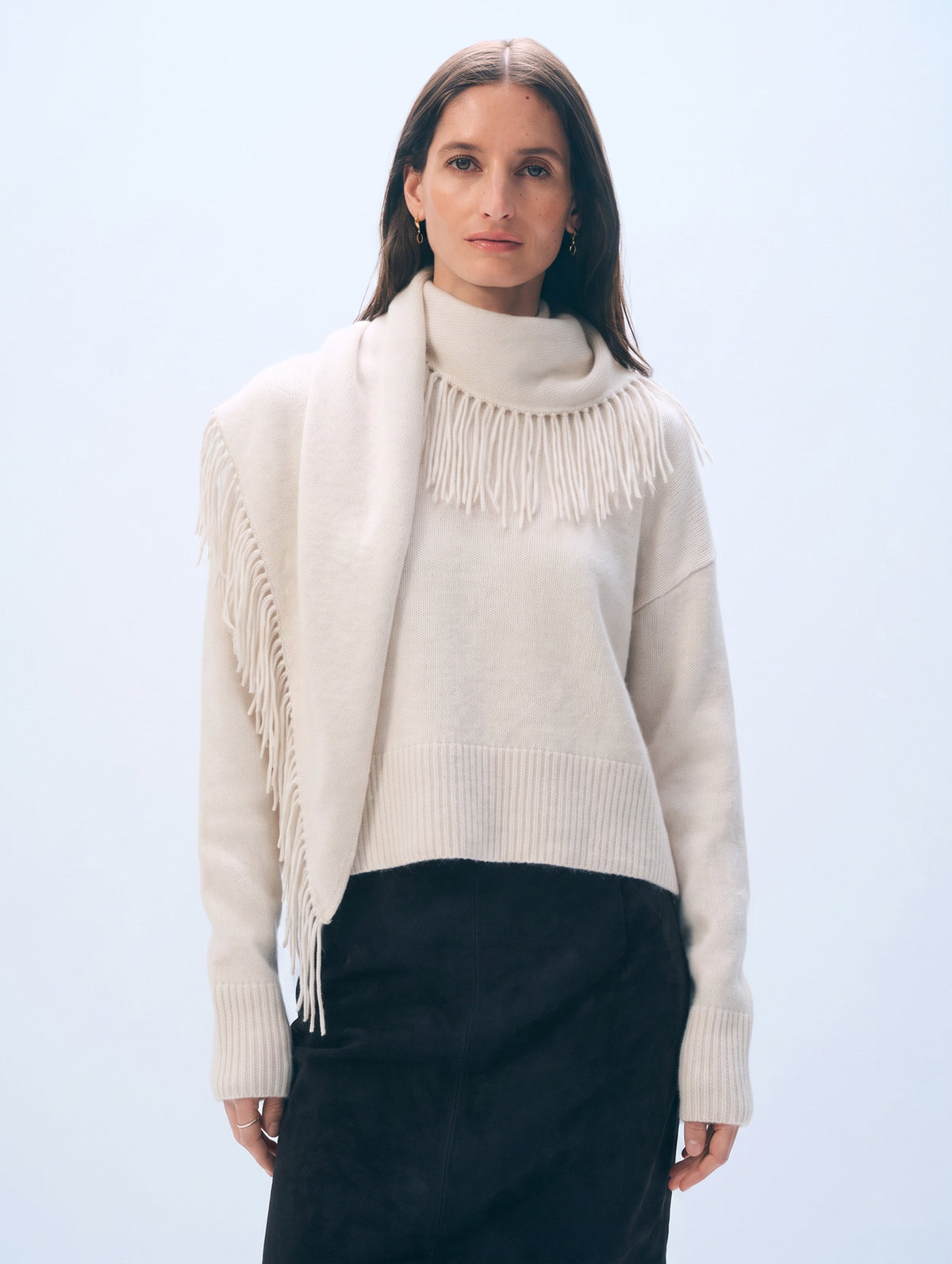 White + Warren Scarf Sweater in Ivory, shown on model with scarf attached