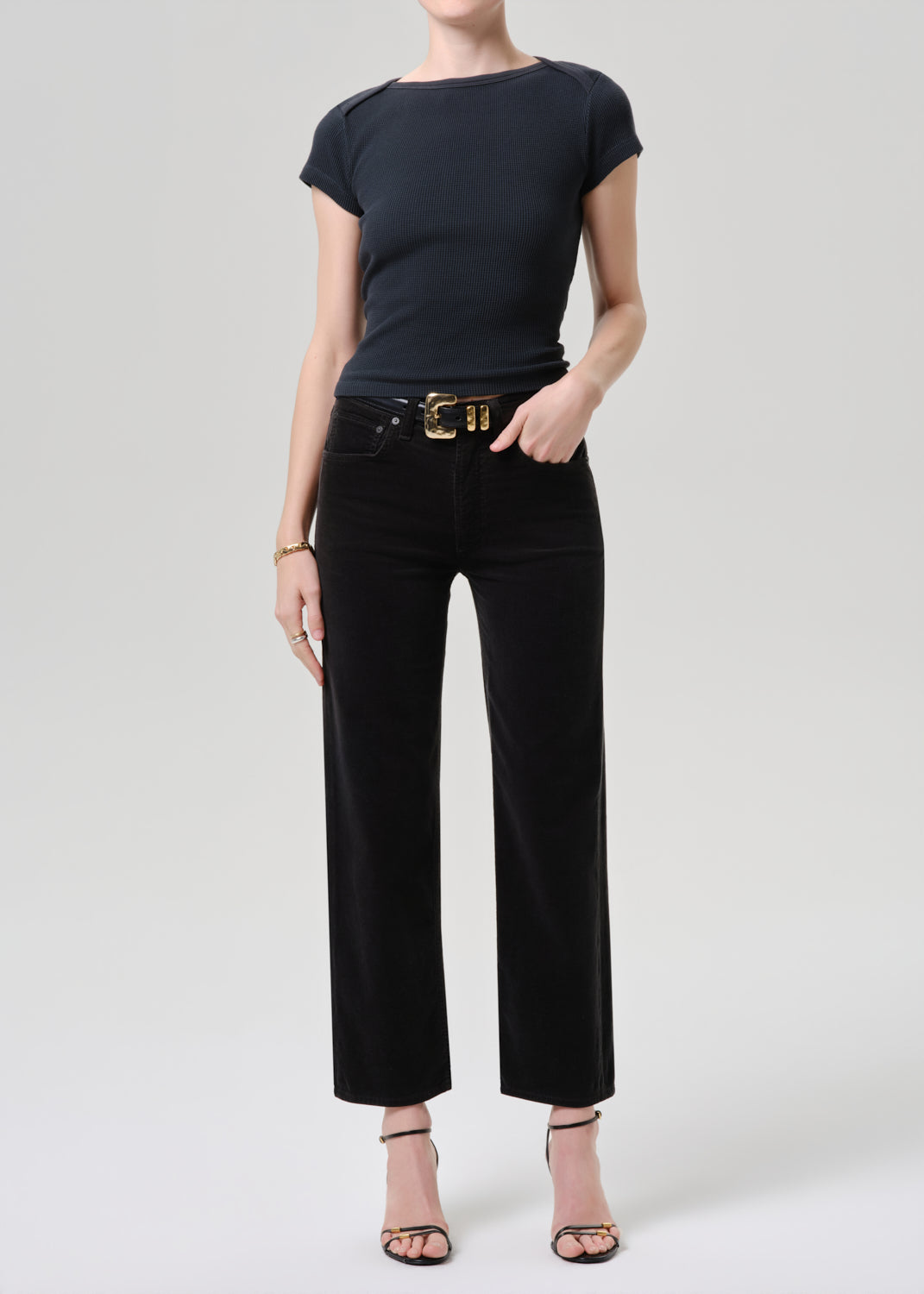 Citizens of Humanity Palma Straight corduroy pant in Juniper, shown on model, full front view