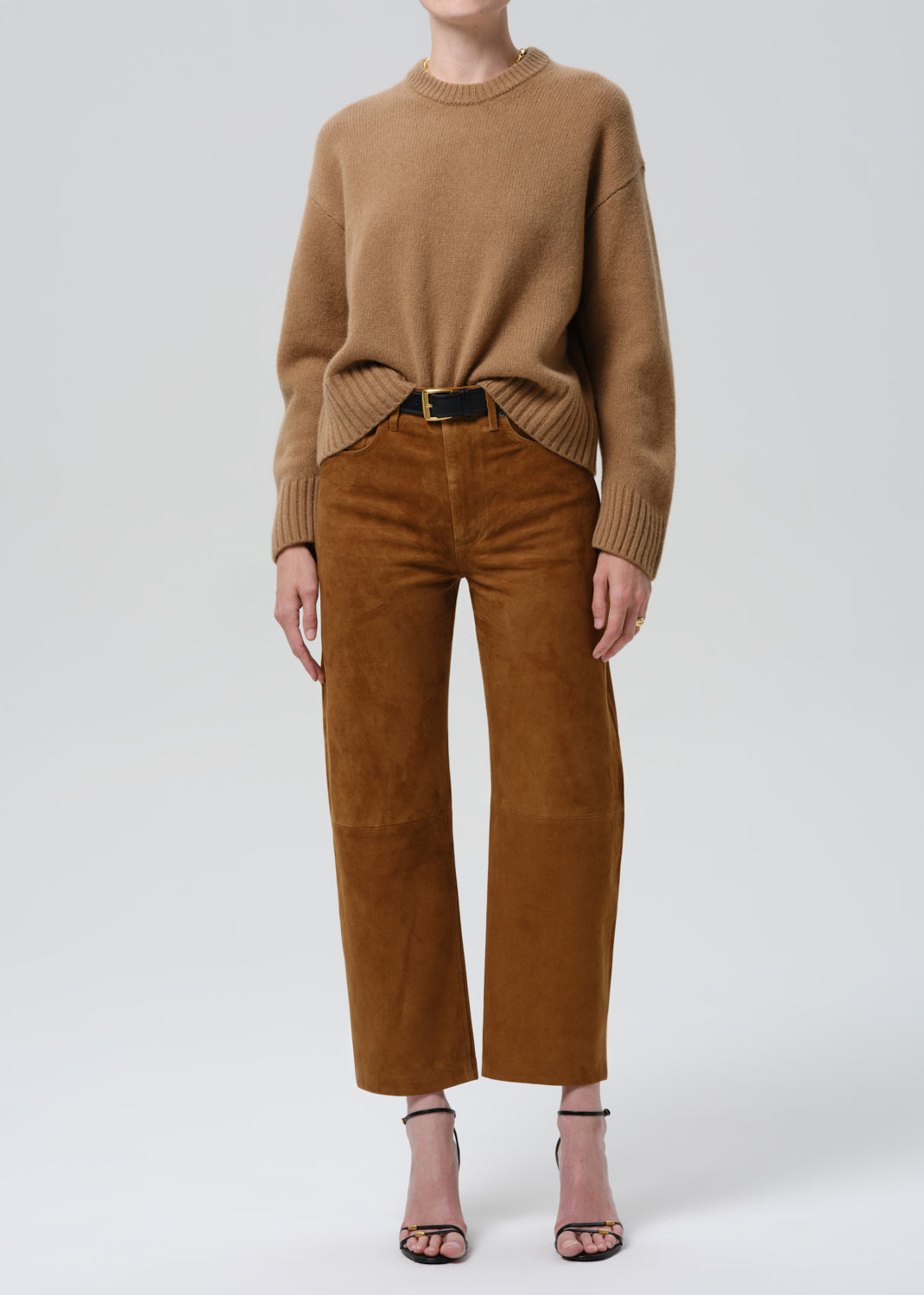 Citizens of Humanity Miro Relaxed Suede Pant in Toasted Caramel, shown on model
