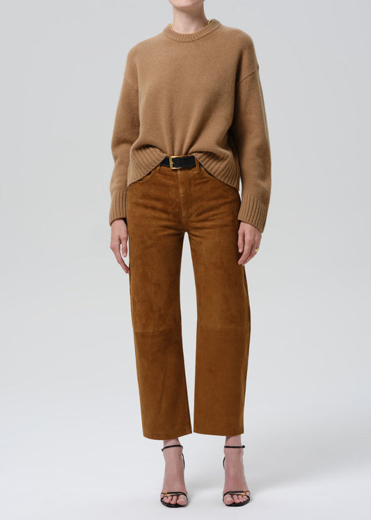 Citizens of Humanity Miro Relaxed Suede Pant in Toasted Caramel, shown on model