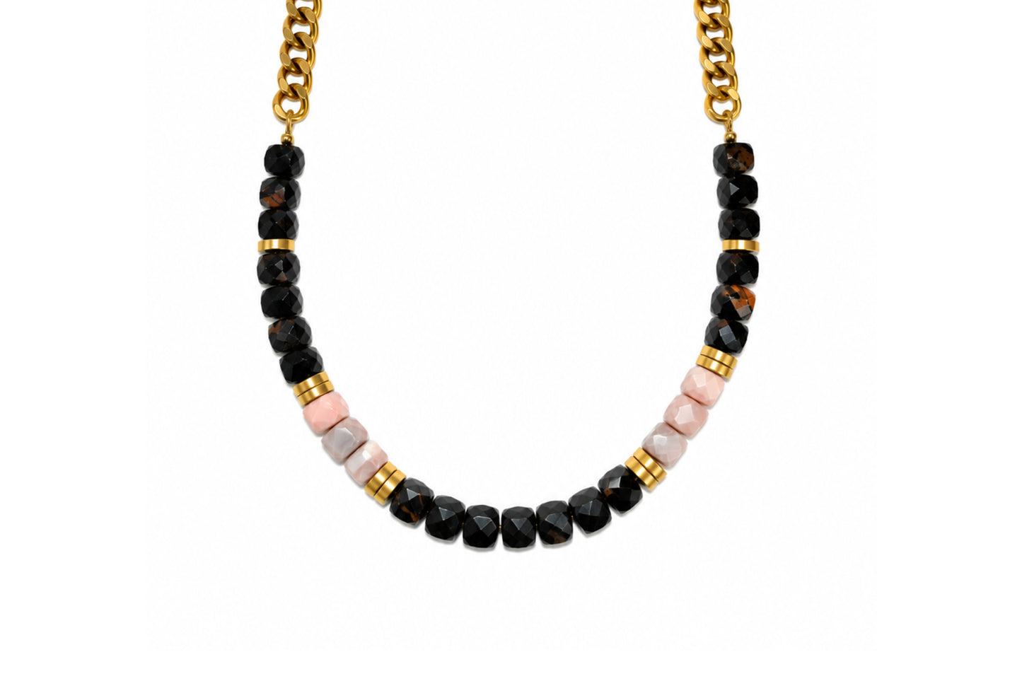 Rachel Nathan Black Tourmaline & Pink Botswana Agate Curb necklace, full front view of pink agate and black tourmaline cubes on brass curb chain