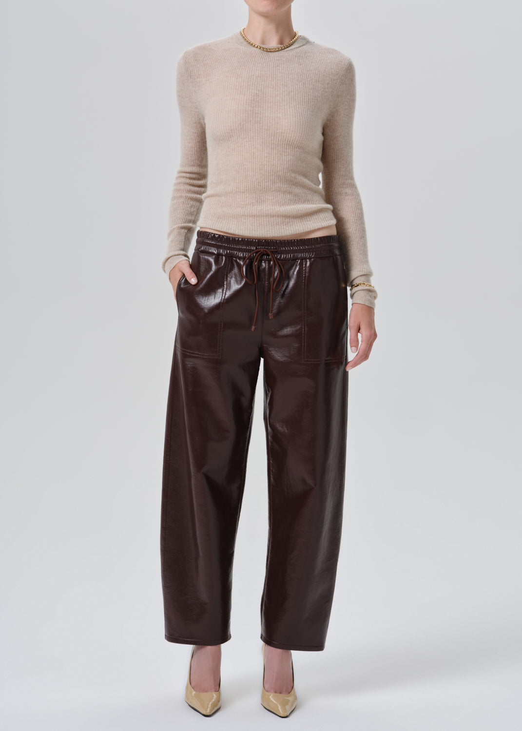 Citizens of Humanity Rework Pull On Pant in Burgundy, shown on model, full front view
