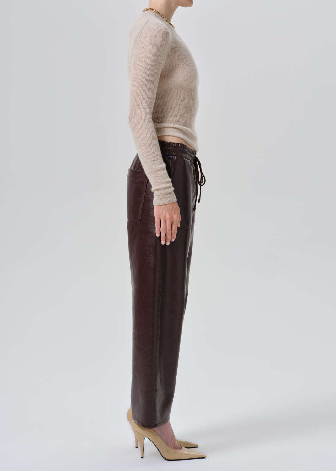 Citizens of Humanity Rework Pull On Pant in Burgundy, side view on model