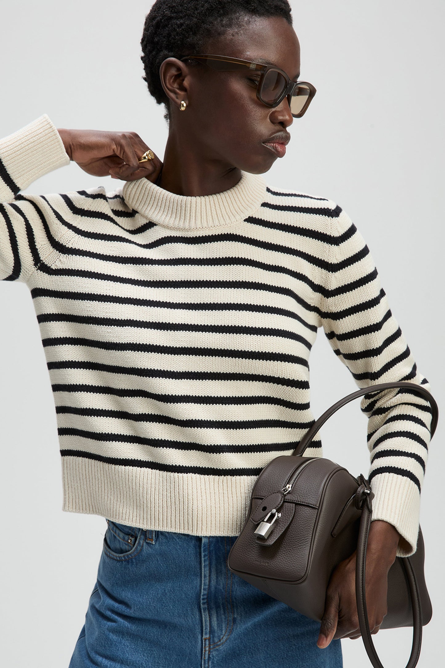 Sold Out NYC The Favorite Crew in Black & Cream Stripe, shown on model