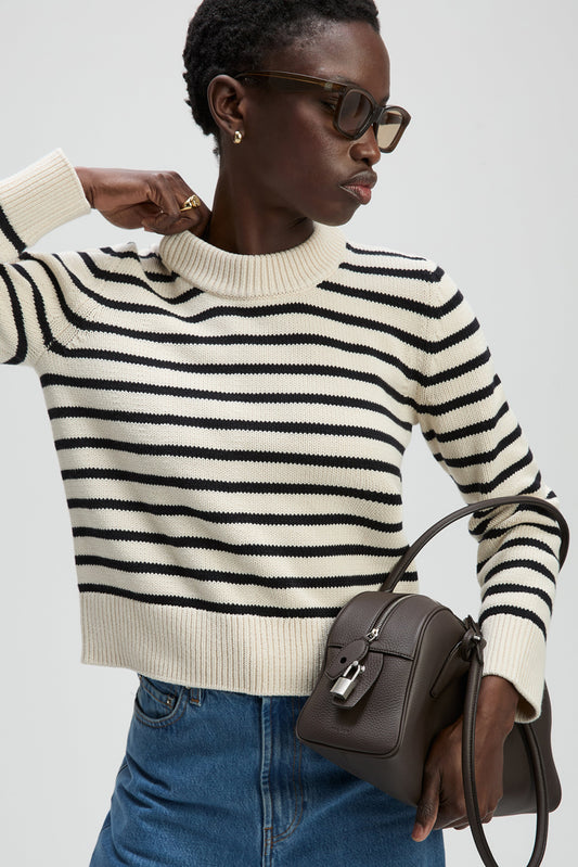 Sold Out NYC The Favorite Crew in Black & Cream Stripe, shown on model