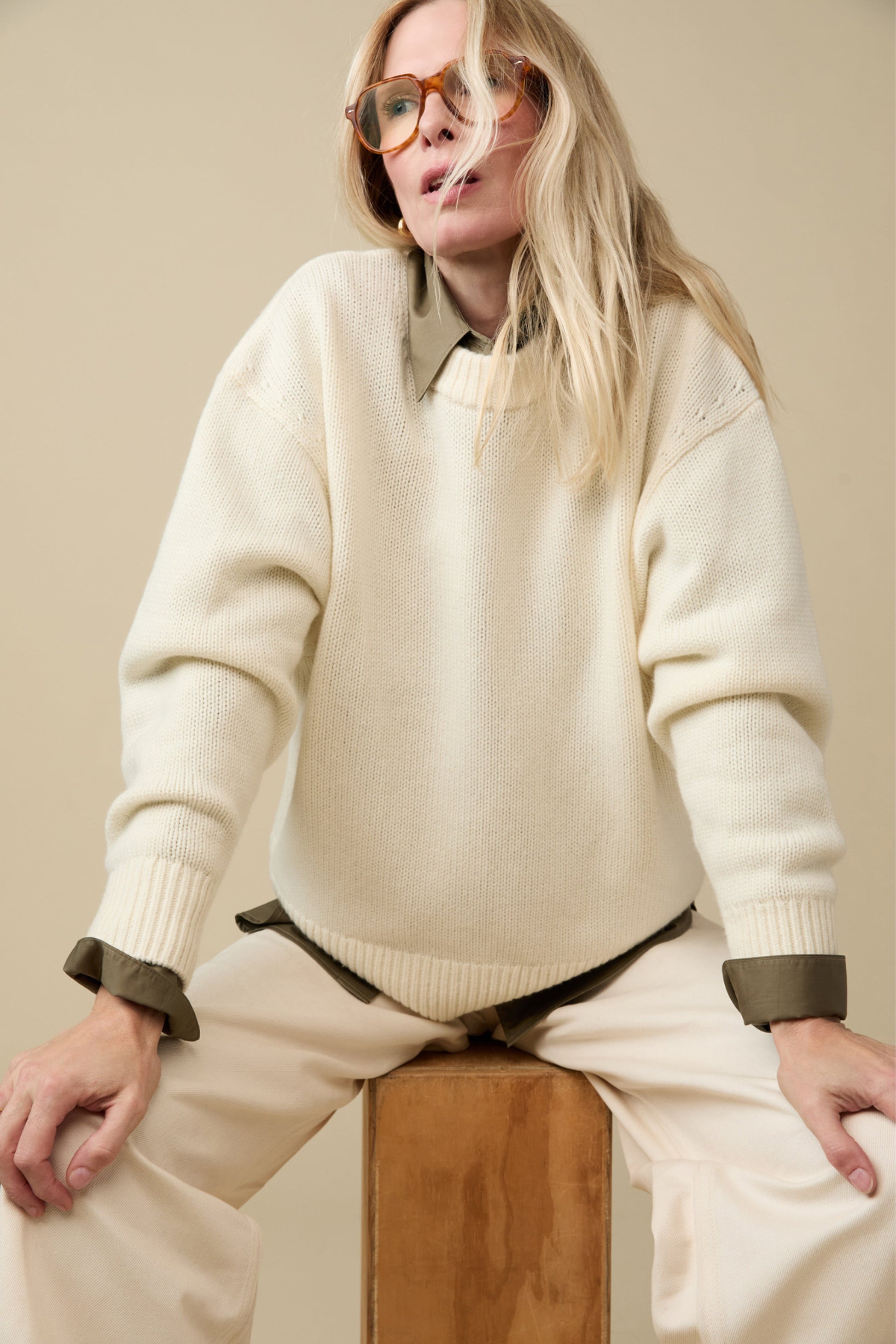 Sold Out NYC The Cashmere Signature Crew in Cream, shown on model