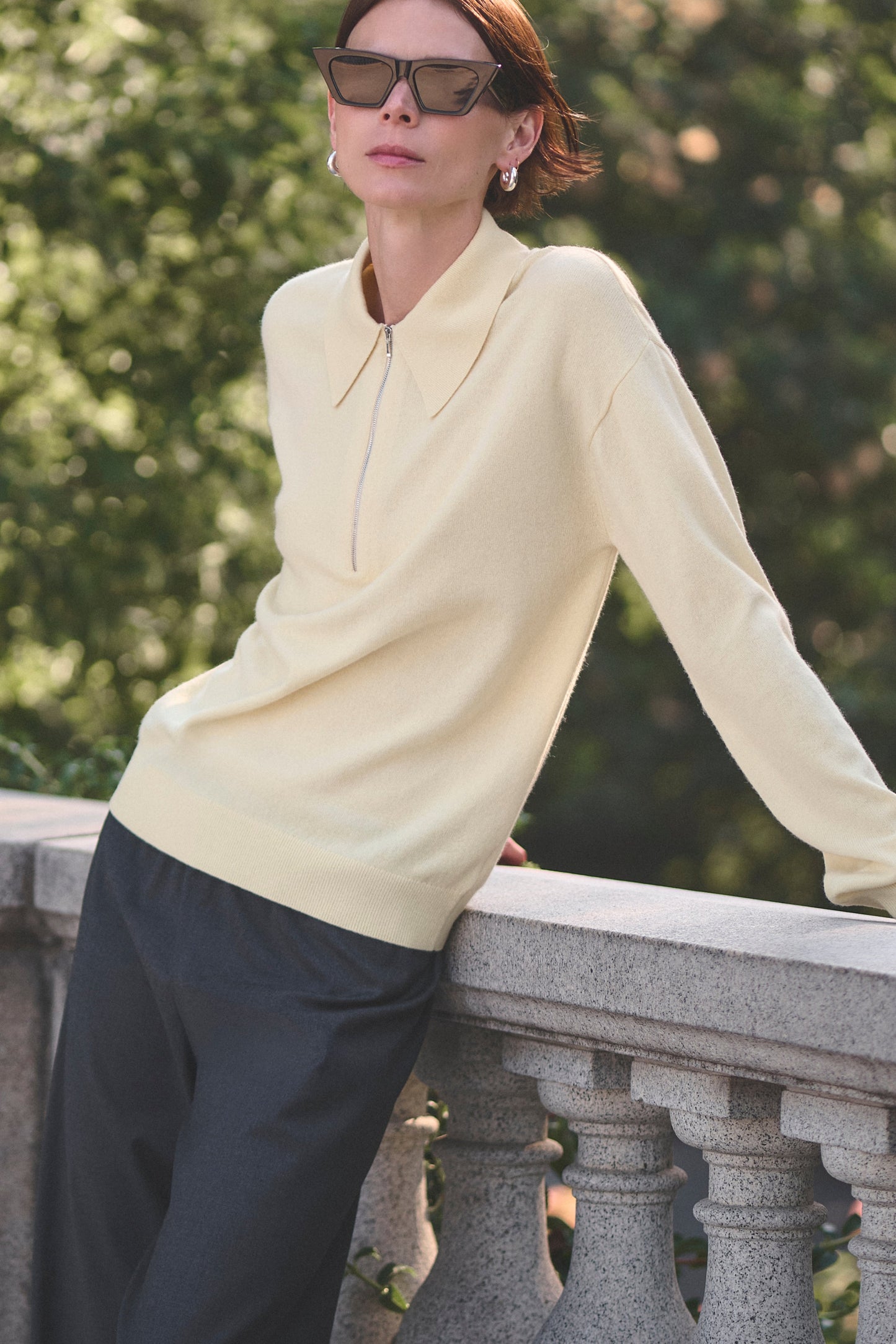 Sold Out NYC The Cashmere Zip Polo in Butter, shown on model