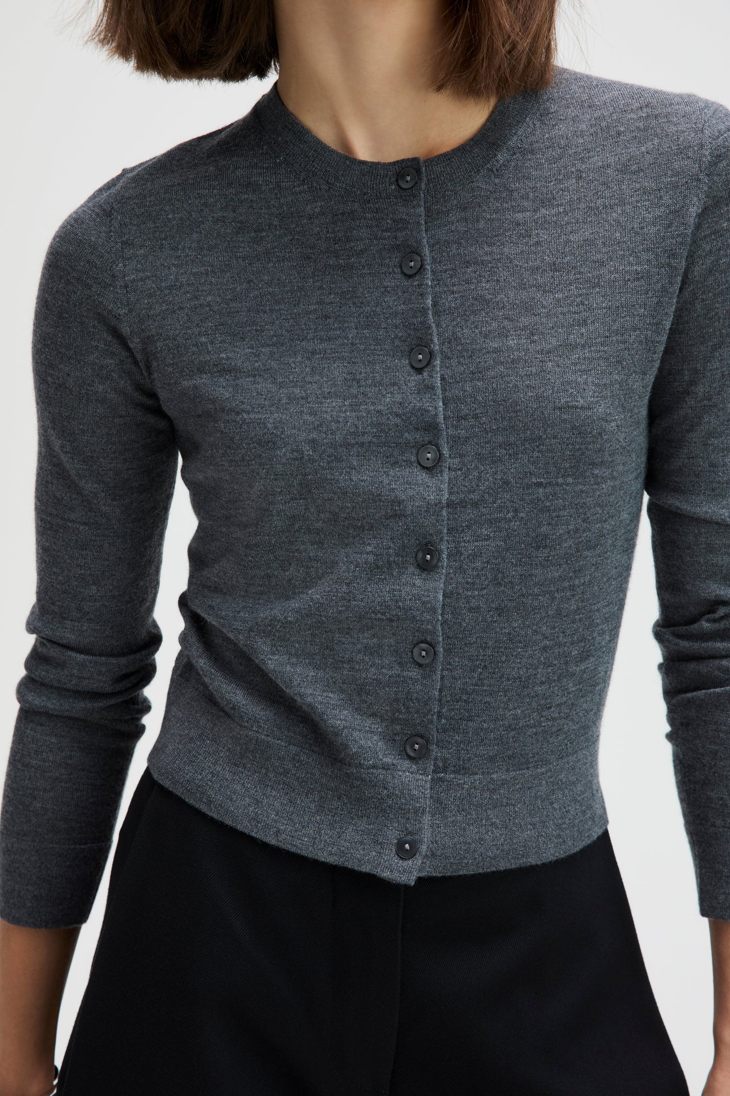Sold Out NYC The Refined Cardi in Charcoal, shown on model