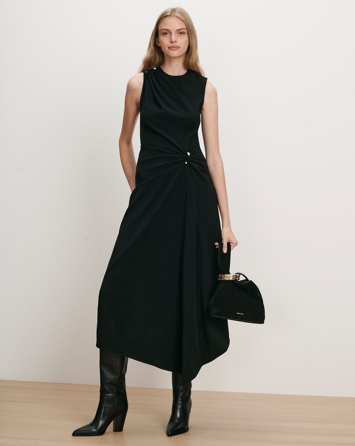 Veronica Beard Freja Dress in Black, full front view on model