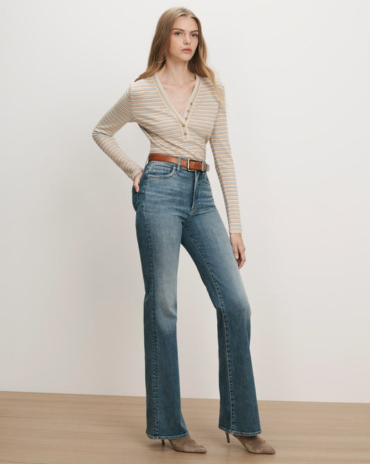 Veronica Beard Crosbie High Rise Wide Leg jean in Memory Lane, front view on model