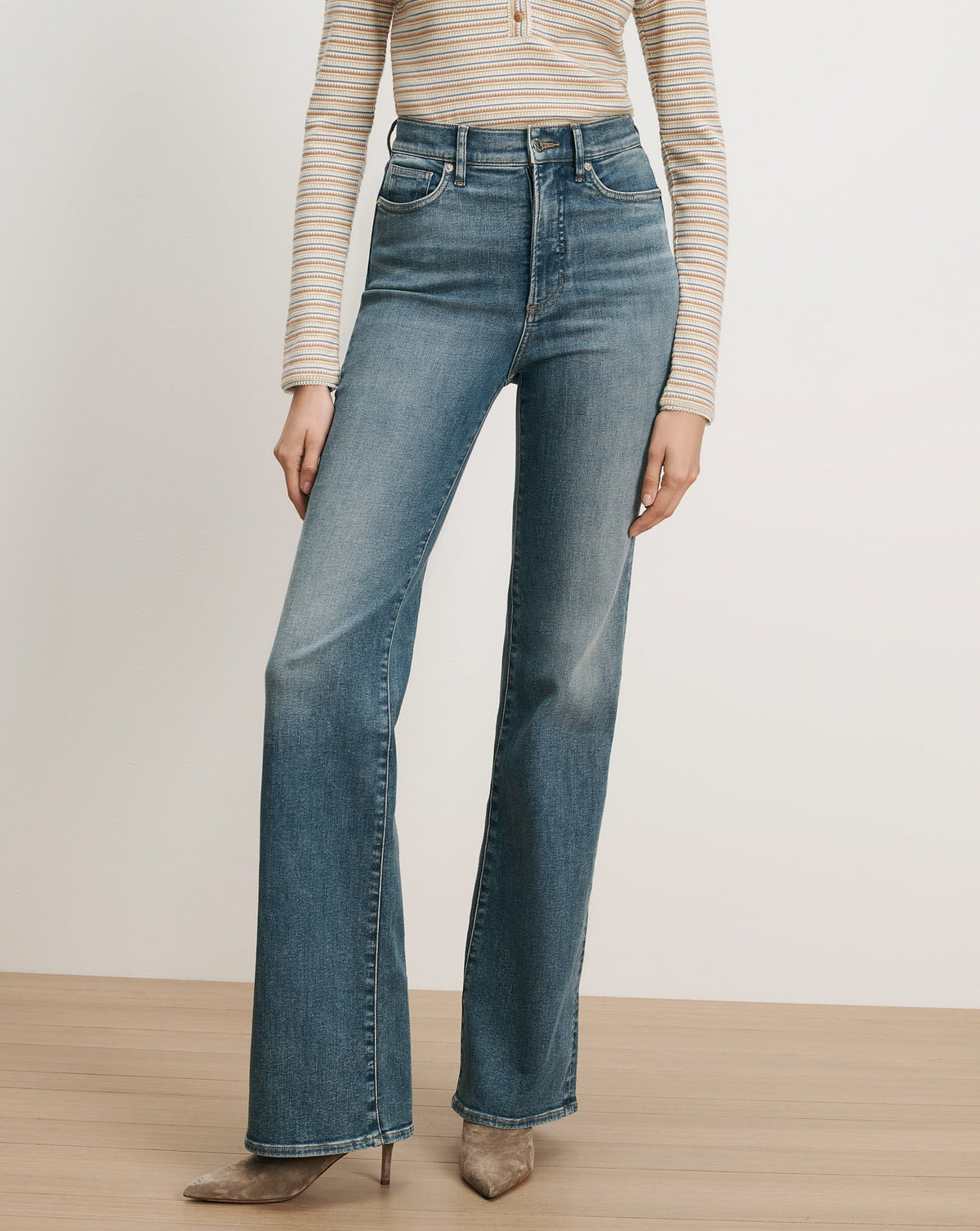 Veronica Beard Crosbie High Rise Wide Leg jean in Memory Lane, full length side view