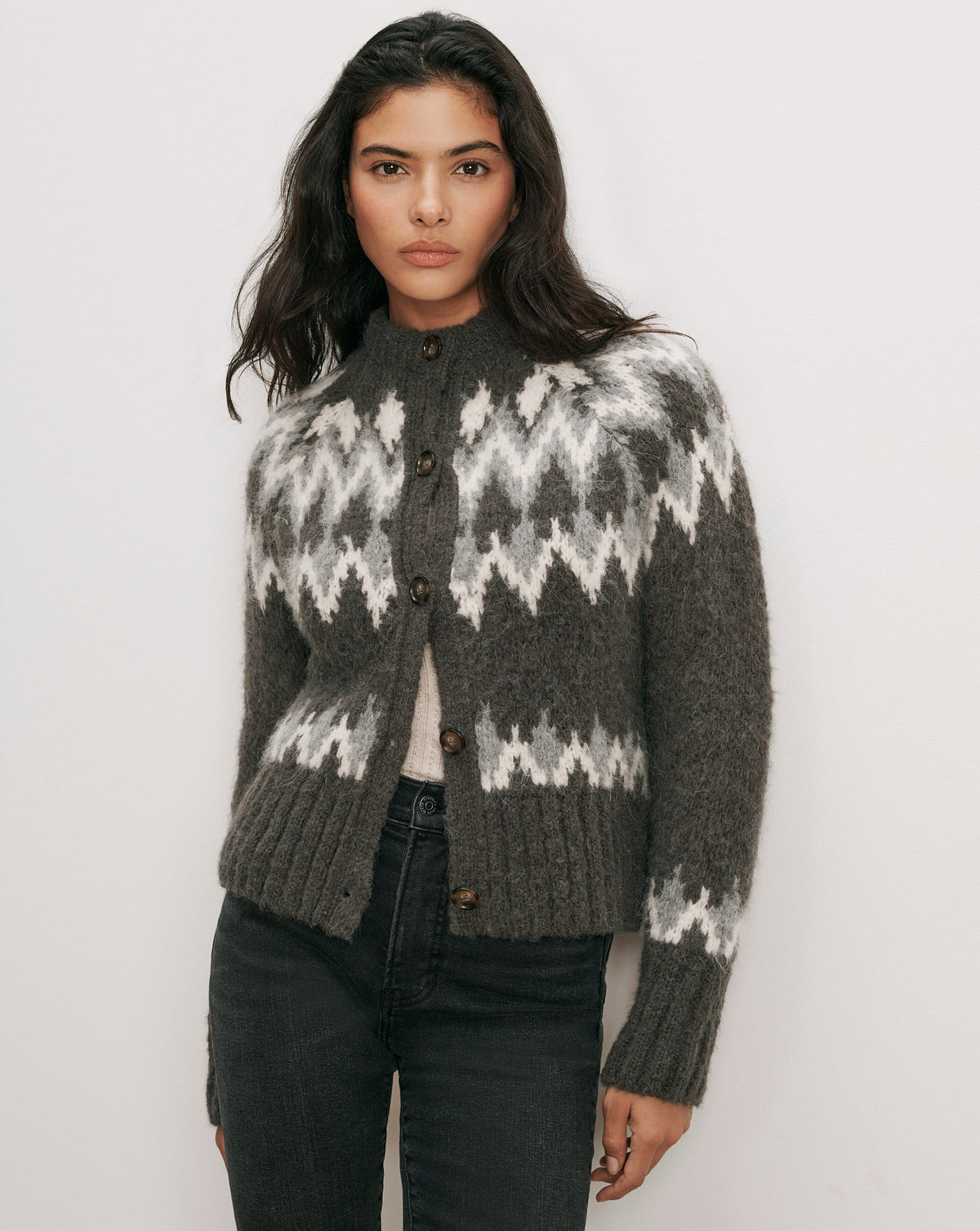 Veronica Beard Christina Fairisle Cardigan in Green Shadow Multi, shown on model