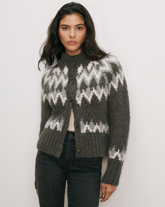 Veronica Beard Christina Fairisle Cardigan in Green Shadow Multi, shown on model