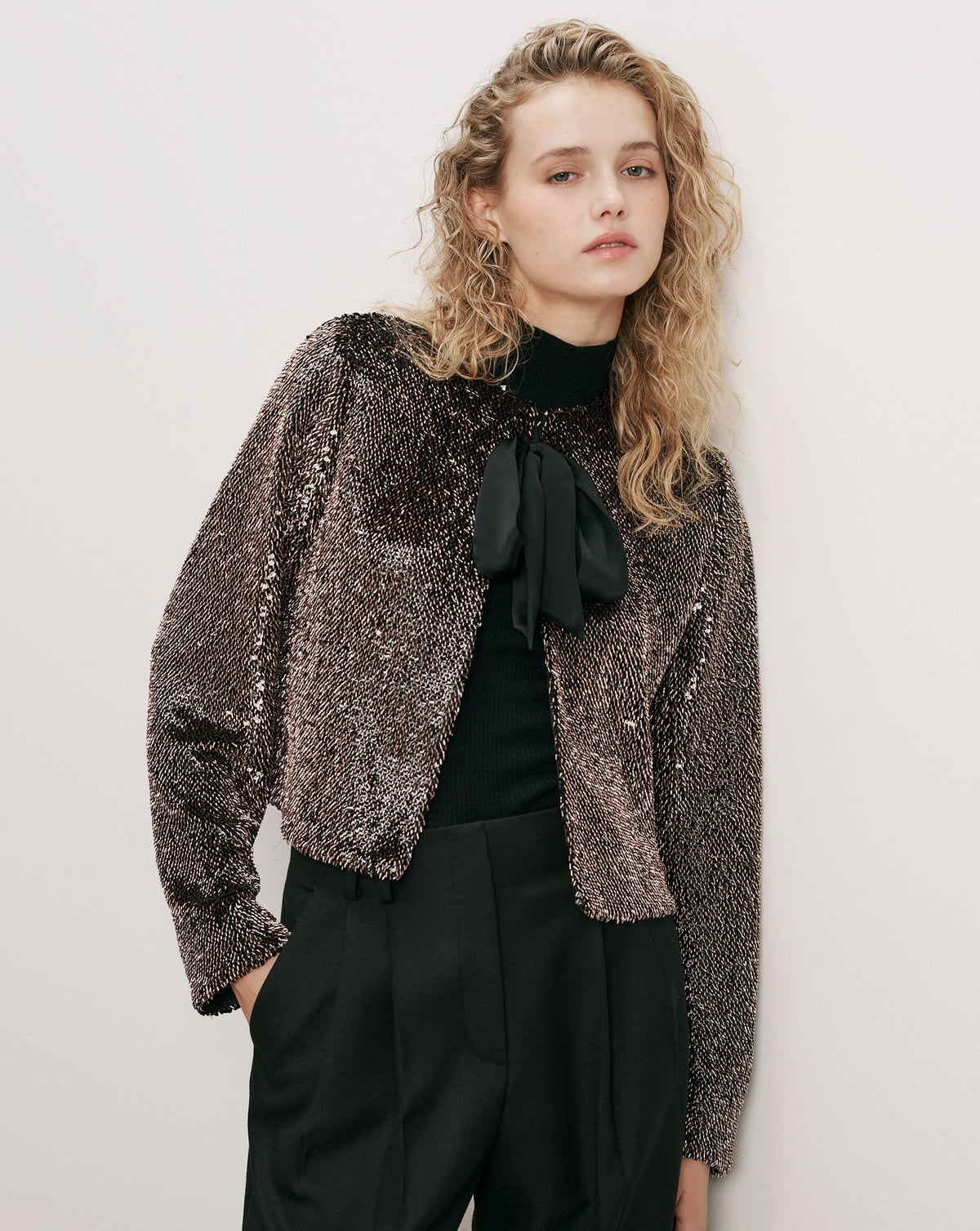 Veronica Beard Bancroff Jacket in Copper/Black sequins, shown on model
