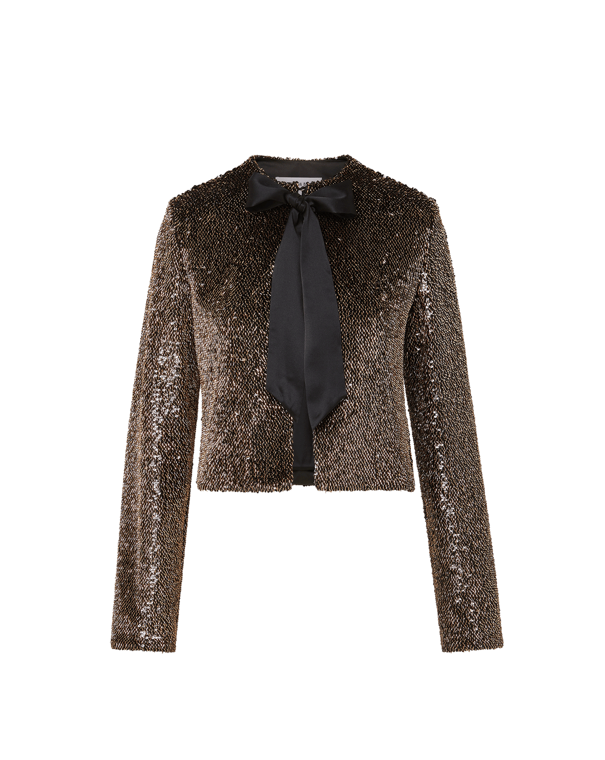Veronica Beard Bancroff Jacket in Copper/Black with satin bow neckline, flat product view