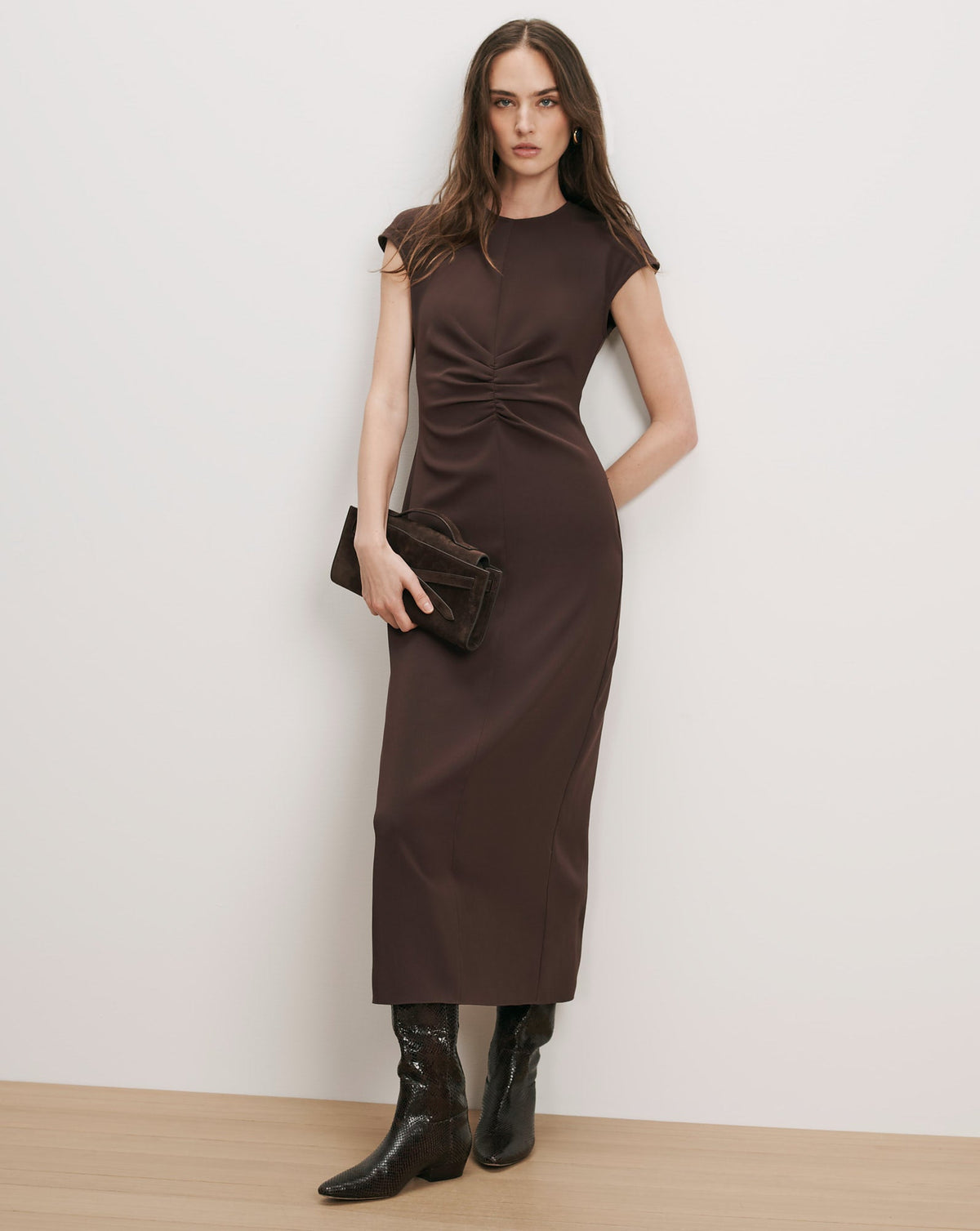 Veronica Beard June Dress in Espresso, full front view on model