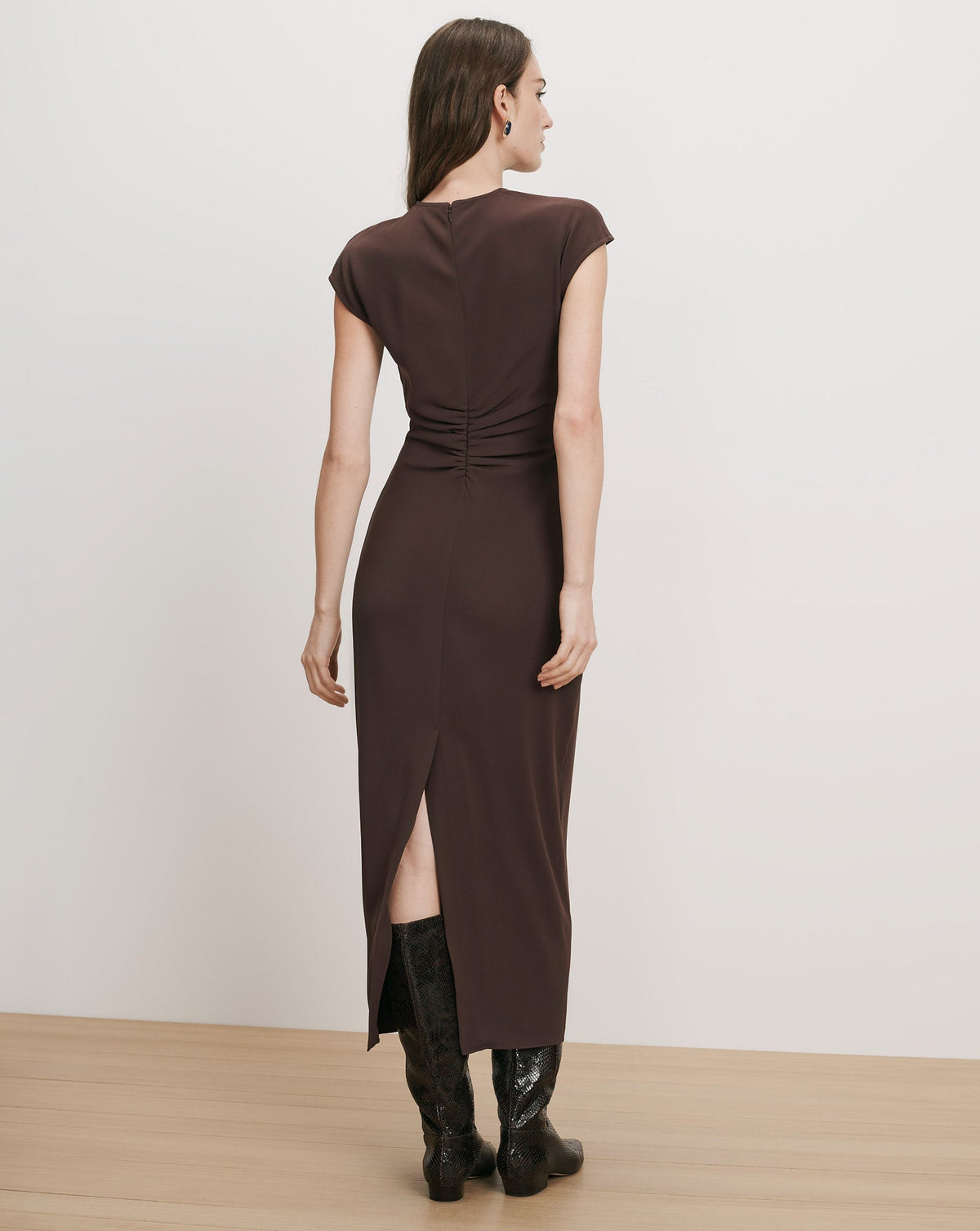 Veronica Beard June Dress in Espresso, back view on model showing the center back slit