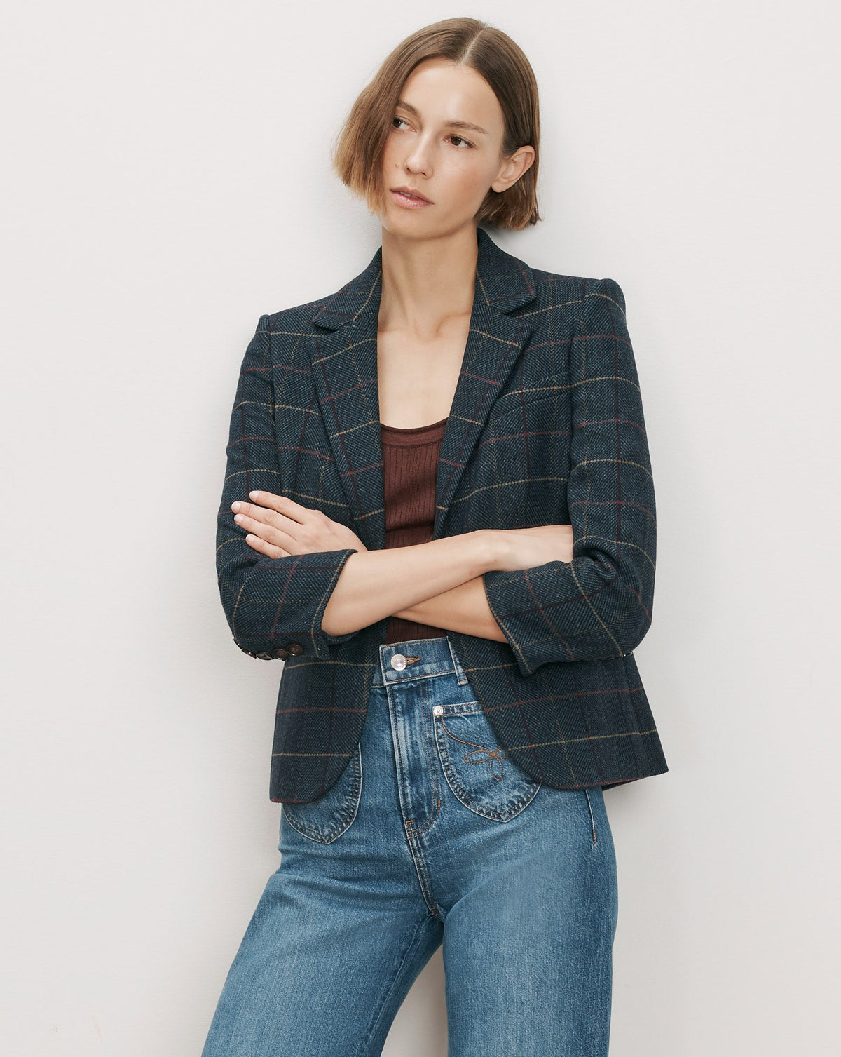 Veronica Beard Schoolboy Dickey Jacket in Teal Multi, herringbone plaid single-breasted blazer, front view