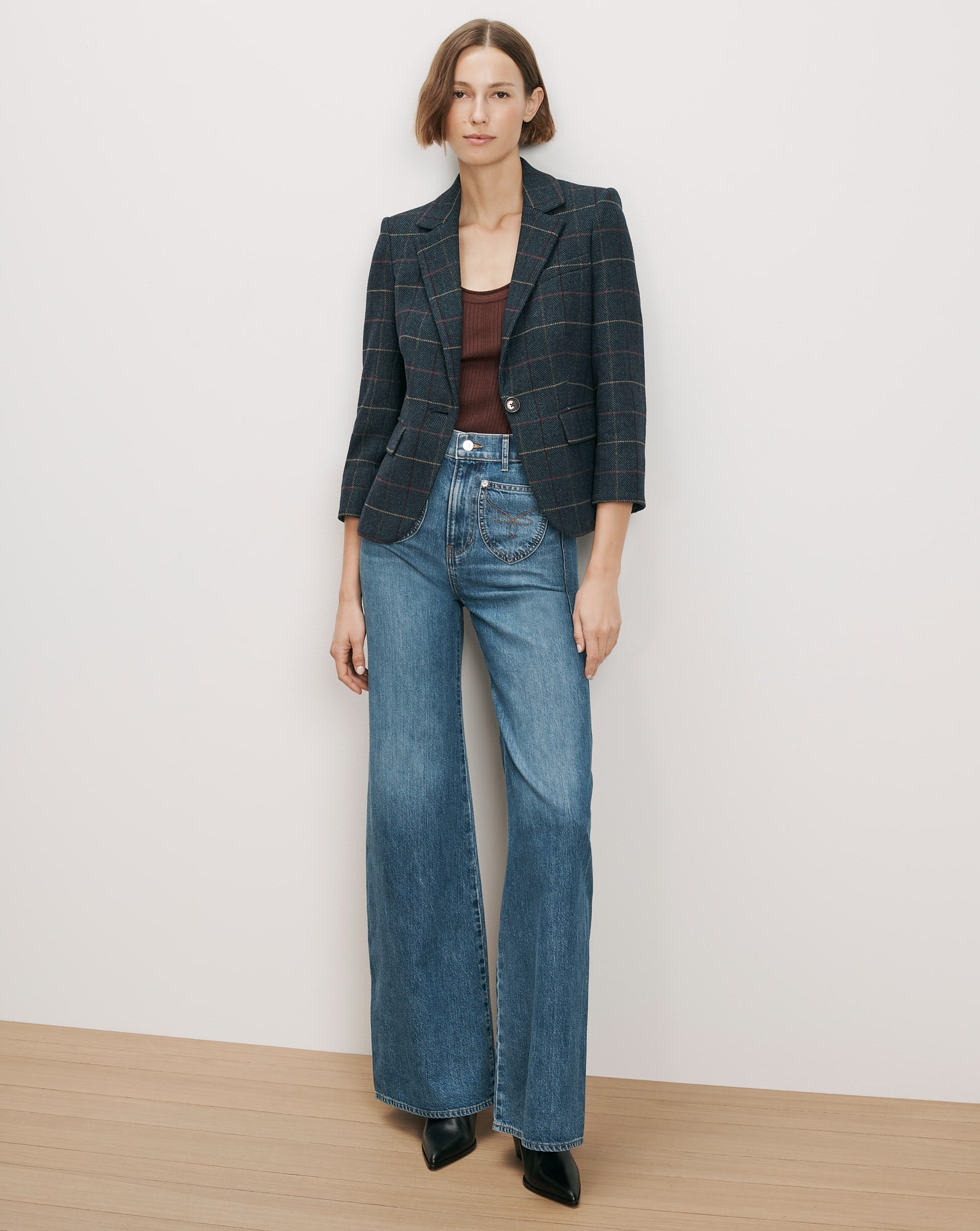 Veronica Beard Schoolboy Dickey Jacket in Teal Multi, shown on model with wide-leg jeans
