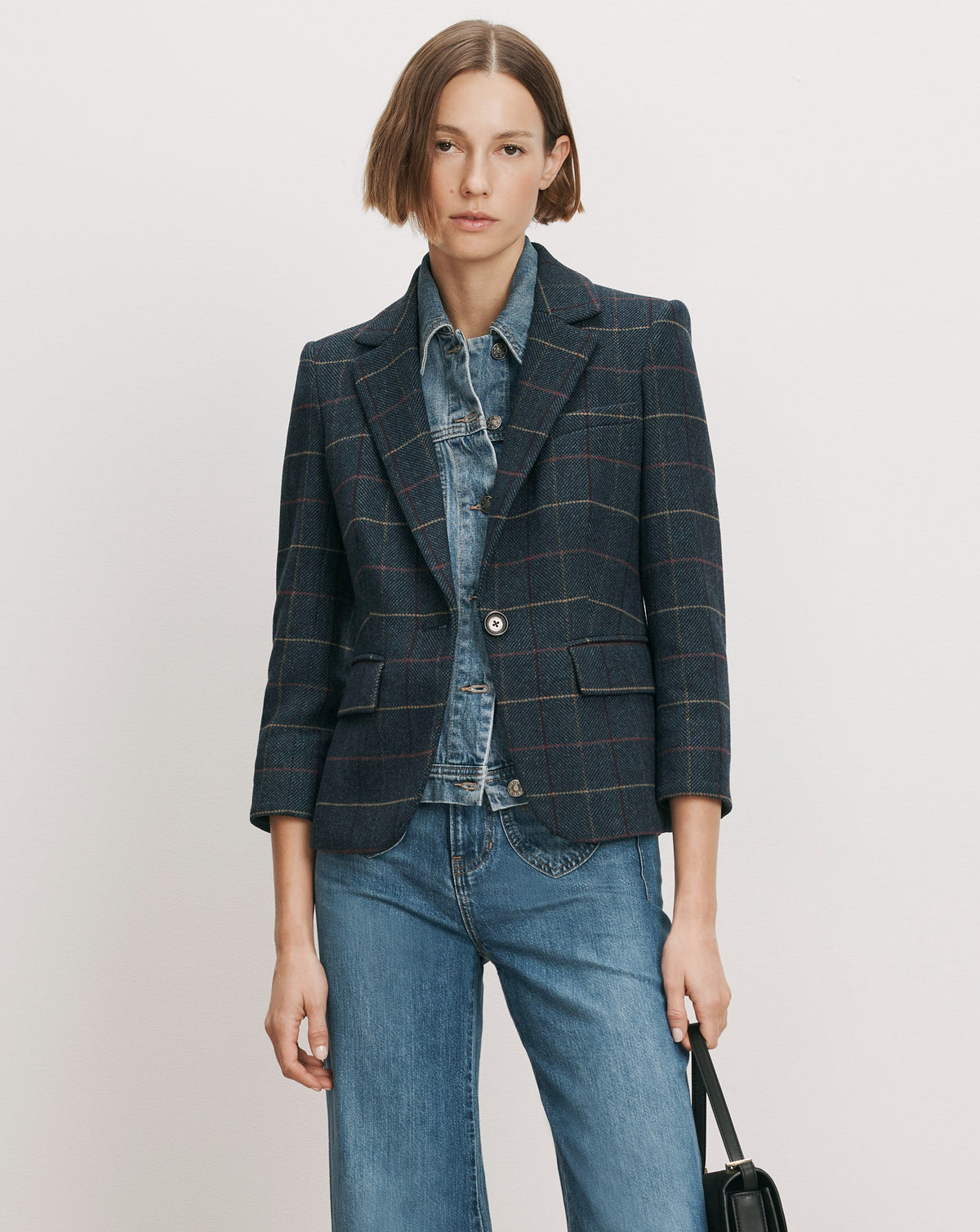 Veronica Beard Schoolboy Dickey Jacket in Teal Multi, alternate view on model showing three-quarter sleeves