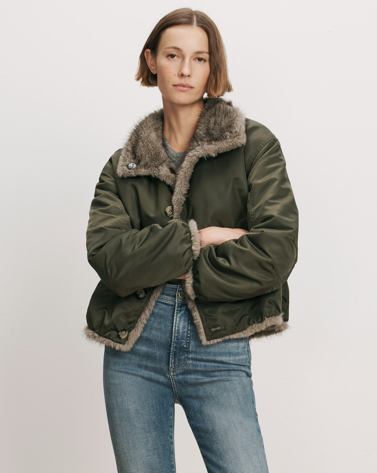 Veronica Beard Varell Reversible Jacket in Loden, nylon side shown on model