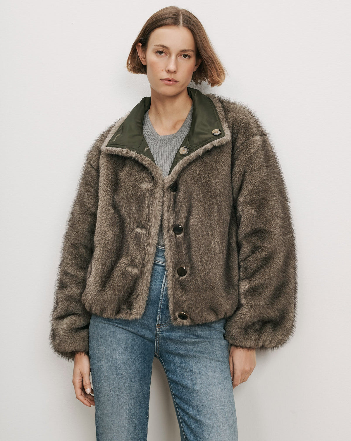 Veronica Beard Varell Reversible Jacket in Loden, faux fur side shown on model