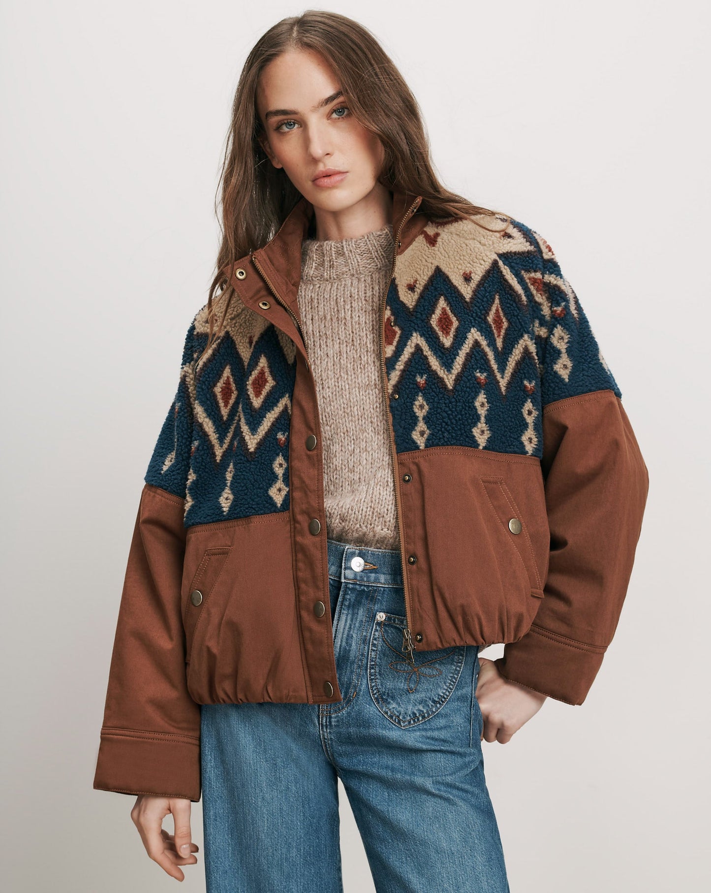 Veronica Beard Knoll Jacket in Deep Ochre, brown twill jacket with Fair Isle sherpa panels, front view
